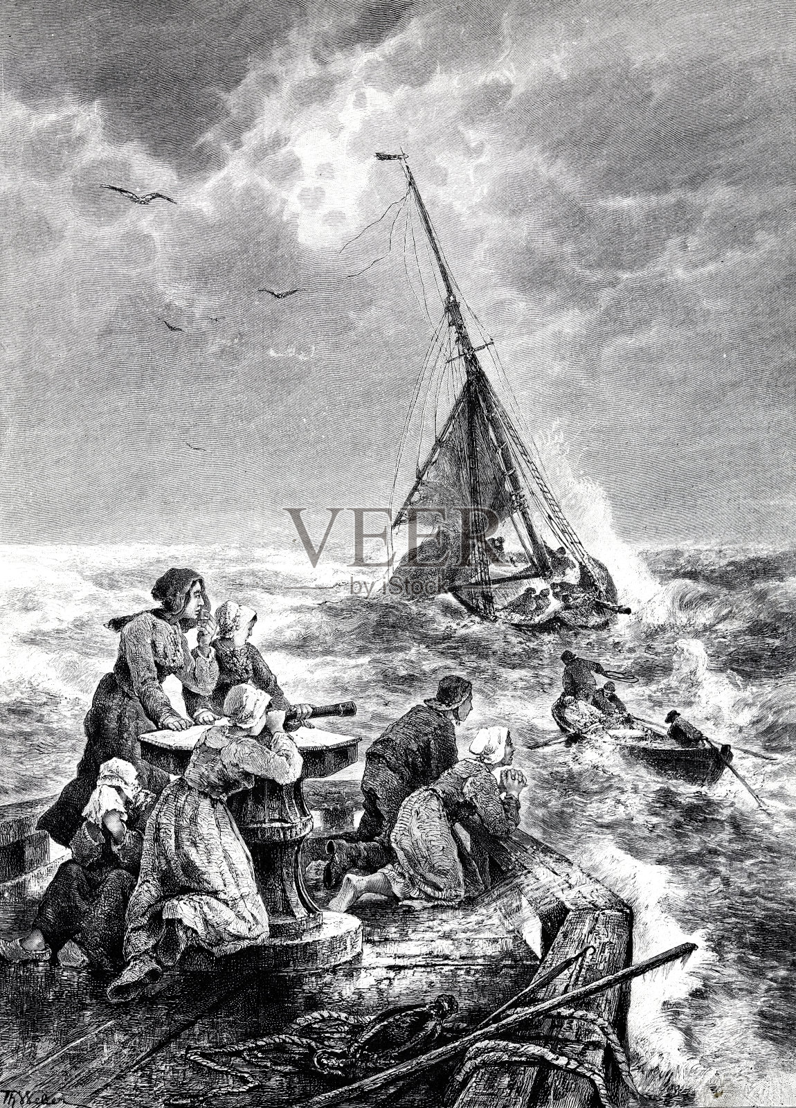 渔船在暴风雨前返回插画图片素材