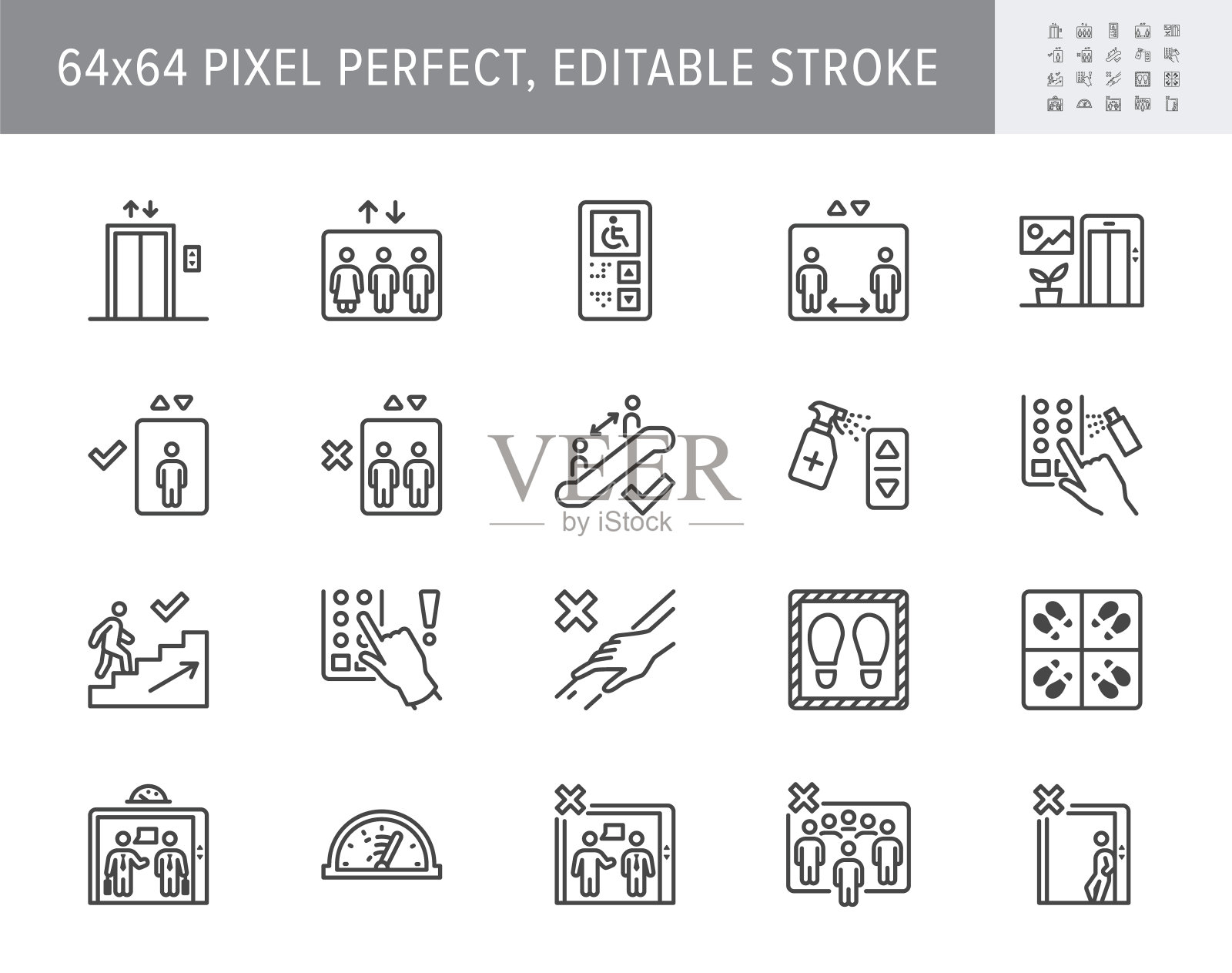 电梯游说线图标。矢量图、保持社交距离图标、消毒升降按钮、避免触摸扶手轮廓象形图预防冠状病毒。64x64像素完美可编辑的描边图标素材