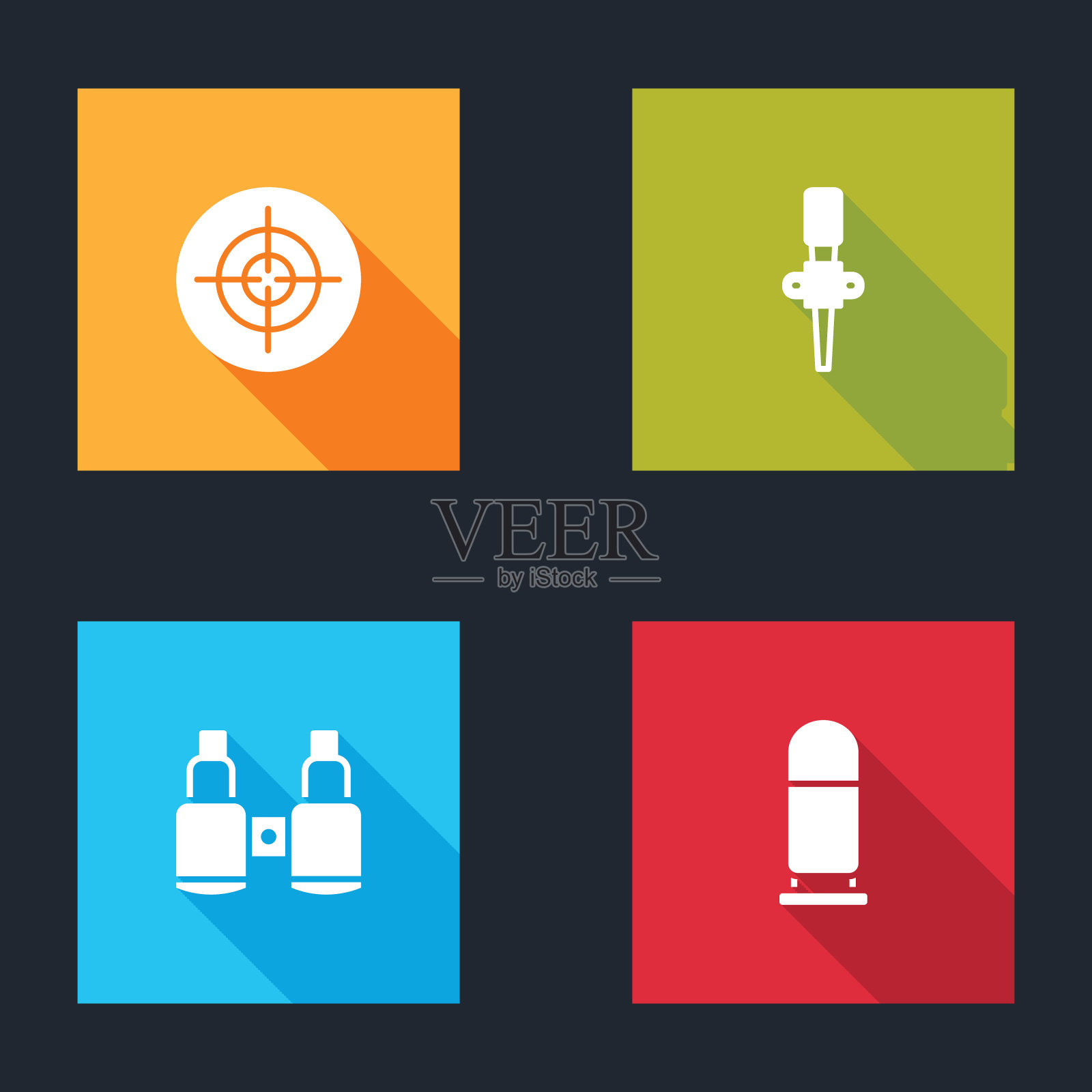 设定目标运动，火炬火焰，双筒望远镜和子弹图标。向量图标素材