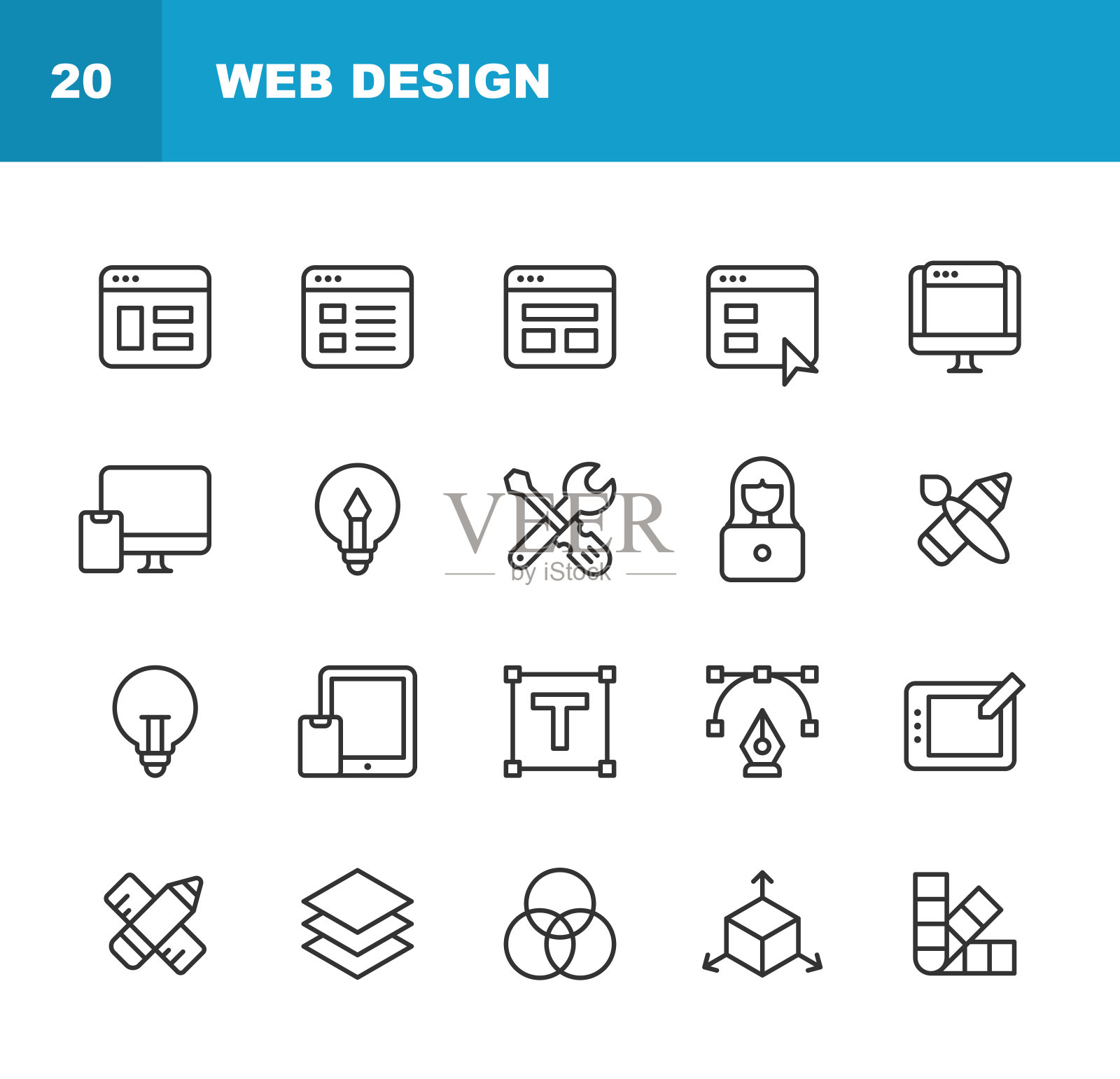 网页设计线条图标。可编辑笔画，包含编码，自由，图形用户界面，布局，营销，编程，响应式设计，SEO，社交媒体，软件，UI，用户界面，用户体验，Web浏览器，Web开发，网站等图标。图标素材