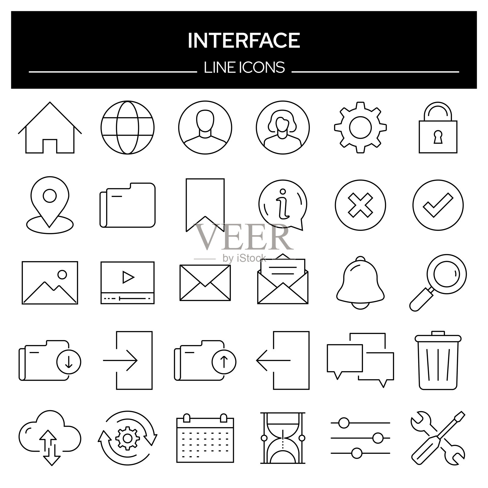 用户界面相关的线条图标集。轮廓符号集合，可编辑的描边插画图片素材