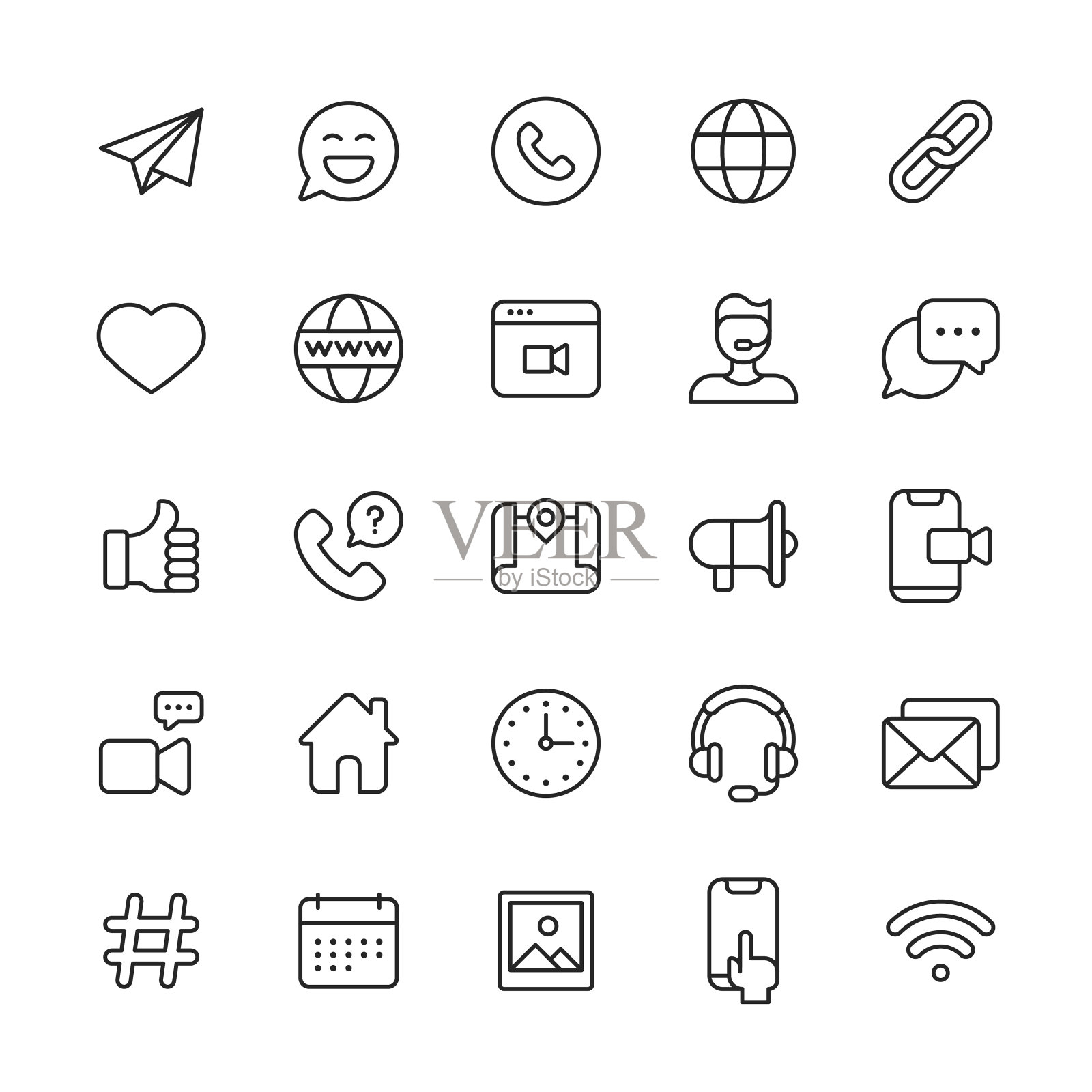 联系我们线路图标。可编辑的中风。像素完美。移动和网络。包含日历，聊天，电子邮件，常见问题解答，链接，地图，会议，消息，导航，办公室，播客，SEO，社交媒体，语音气泡，文本消息，视频会议等图标。图标素材