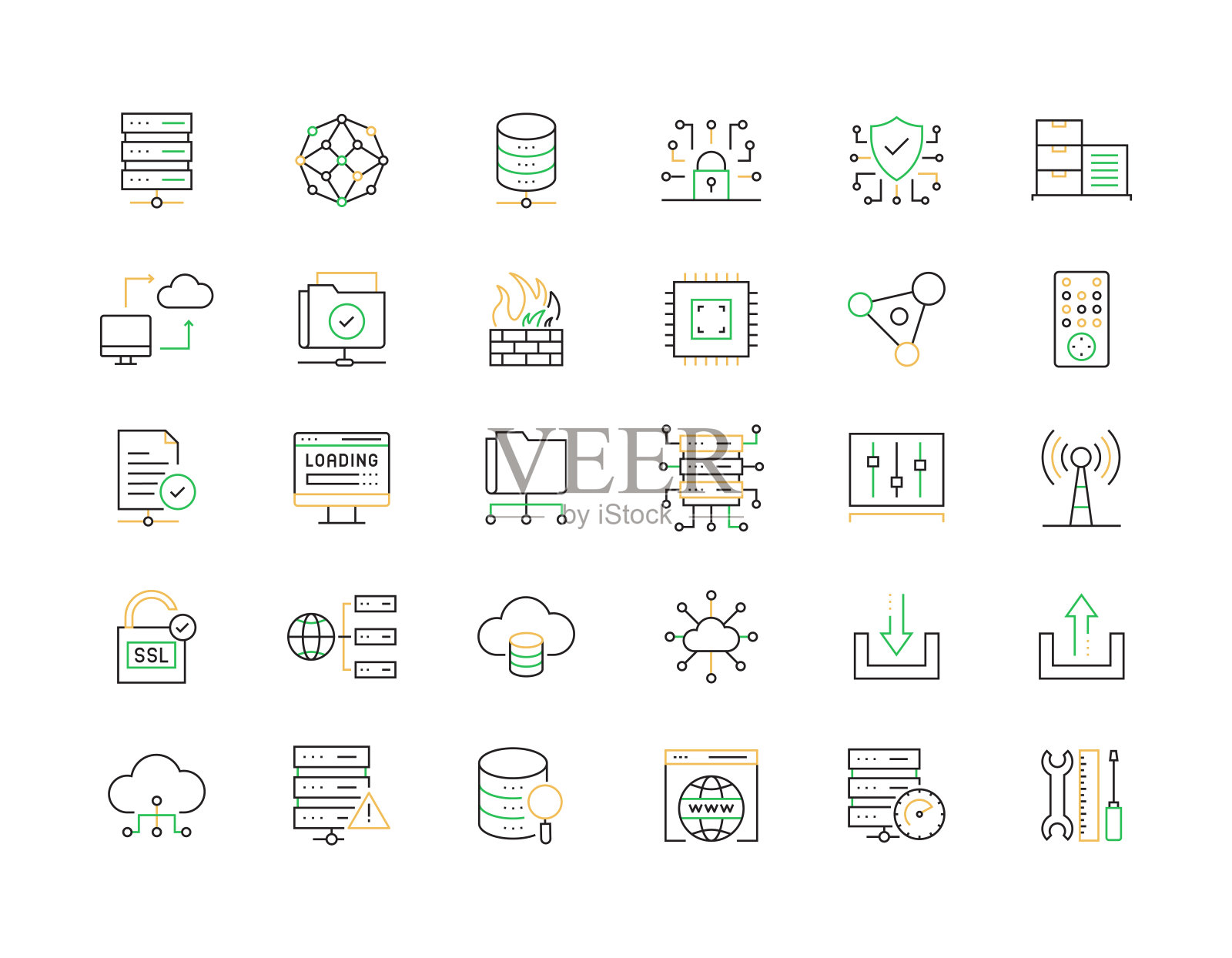 网络托管相关的矢量线图标。大纲符号集合插画图片素材