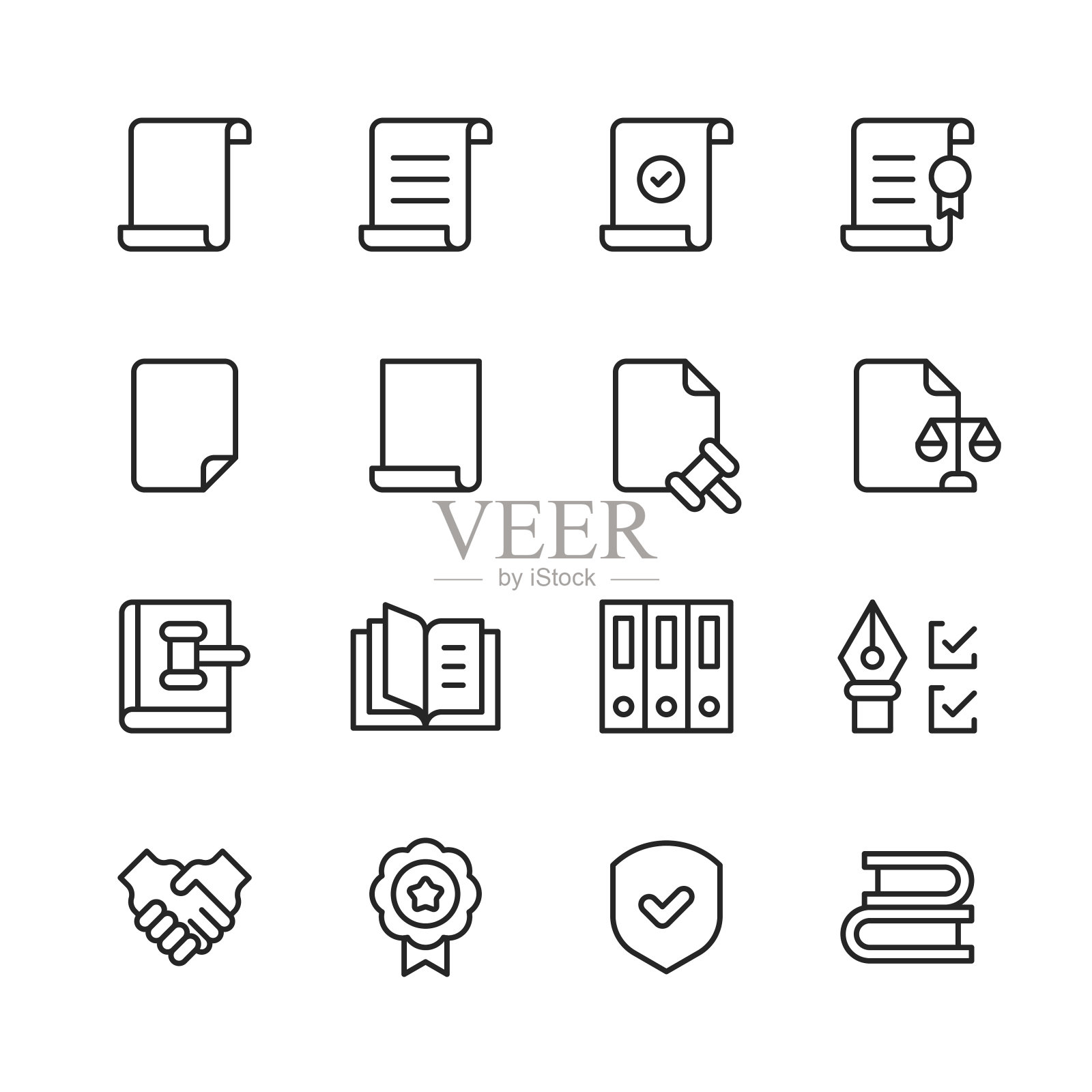 法律文档的行图标。可编辑的笔划，包含协议，商业，证书，宪法，合同，法院，文件，文件夹，政府，握手，正义，法律，律师，立法，办公室，文书工作，研究，签名。图标素材