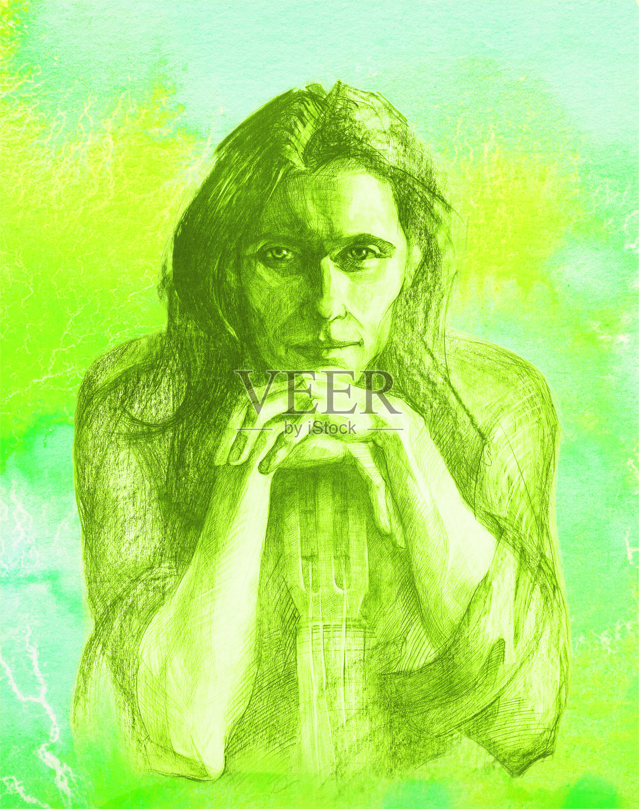 插画水彩肖像的年轻人与长黑发和微笑与吉他在他的手在一个抽象的绿色背景插画图片素材