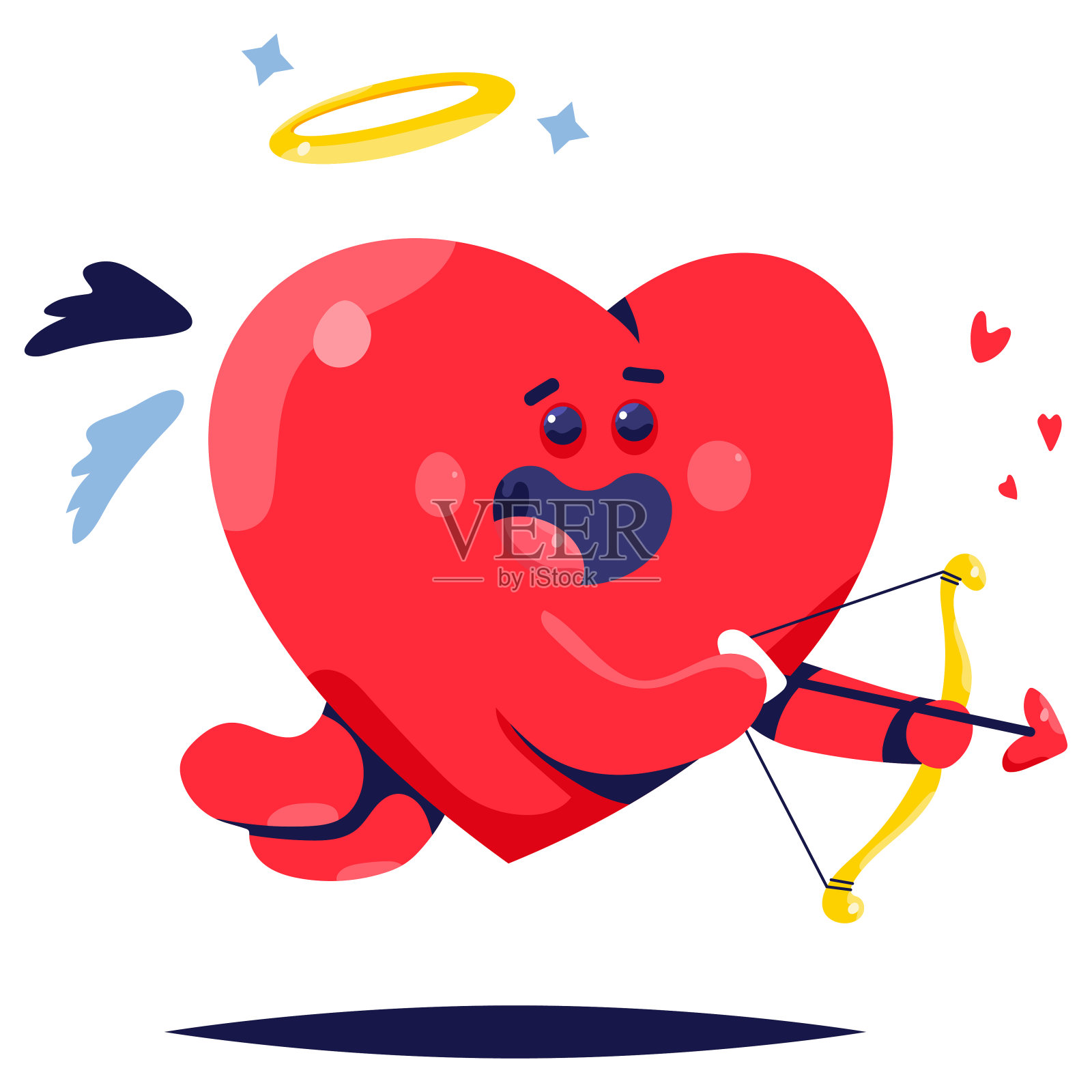 可爱的心与天使的翅膀，光环，弓和箭头矢量卡通人物孤立在一个白色的背景。插画图片素材