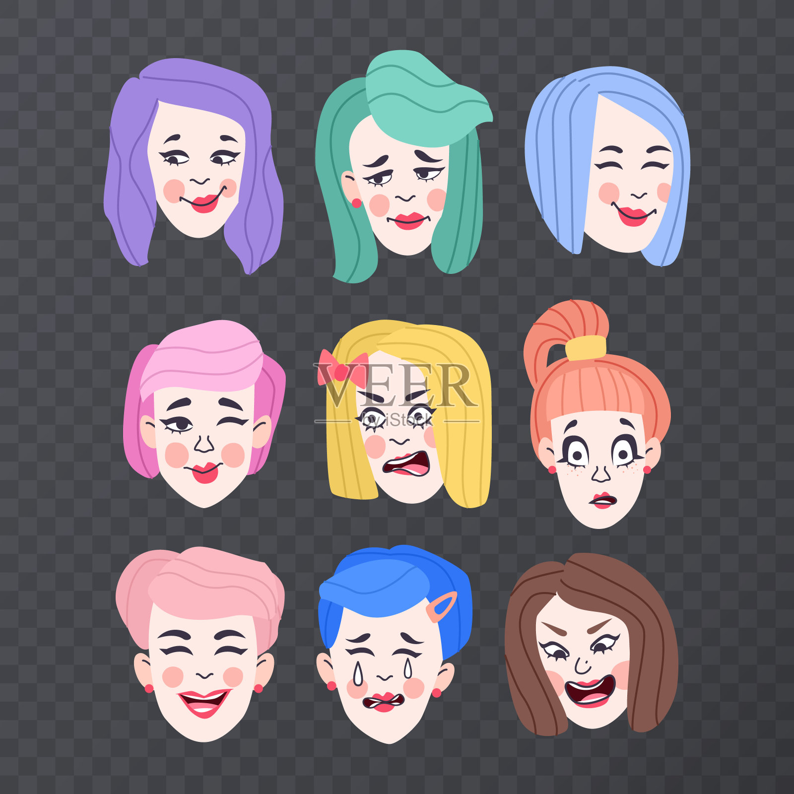 年轻的女性角色。卡通风格的人的偶像。孤立的卡通女孩形象。平的卡通插图插画图片素材