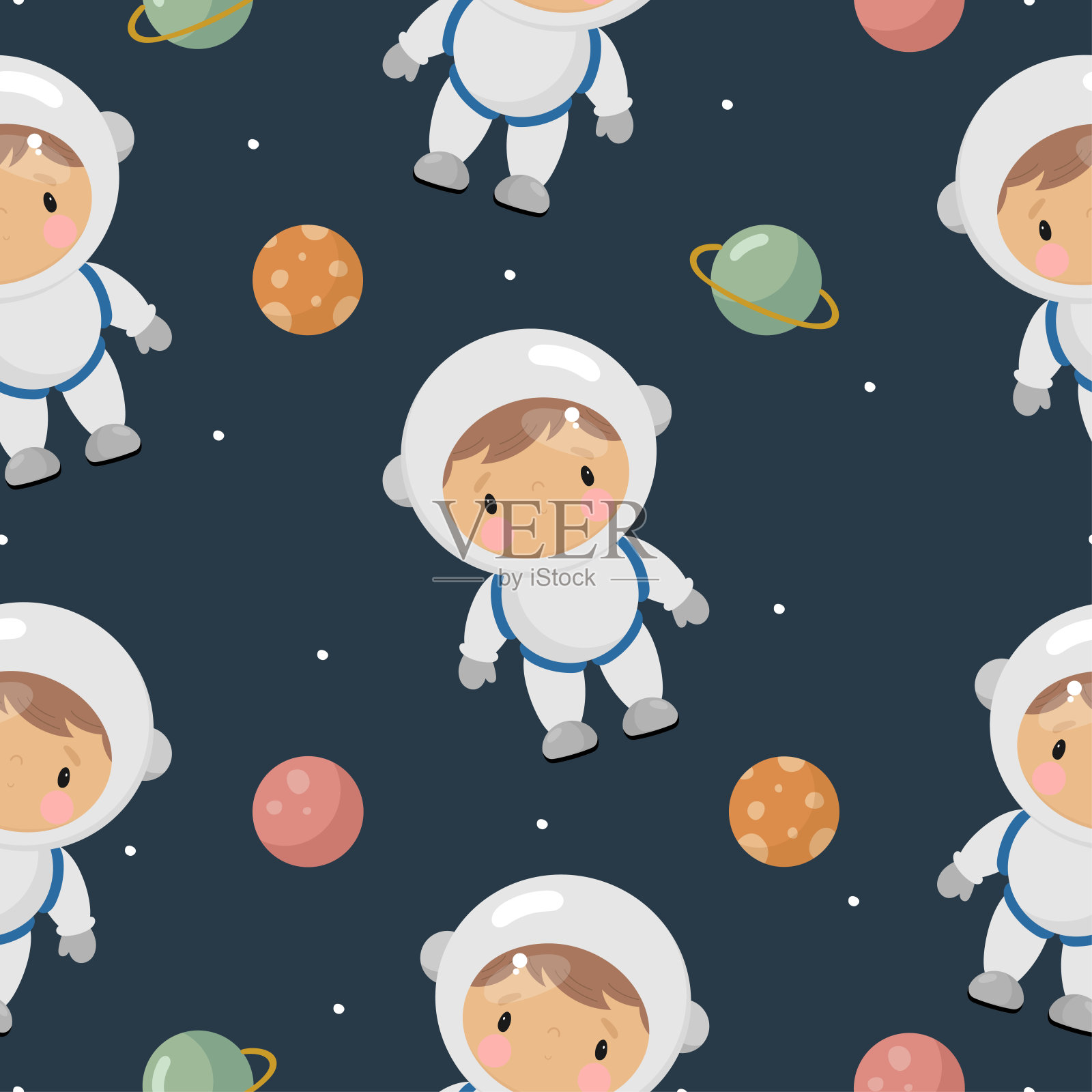 无缝模式与宇航员。矢量插图。适用于贺卡、海报、横幅、卡片、包装上印刷、衣服、布料、墙纸上印刷。插画图片素材