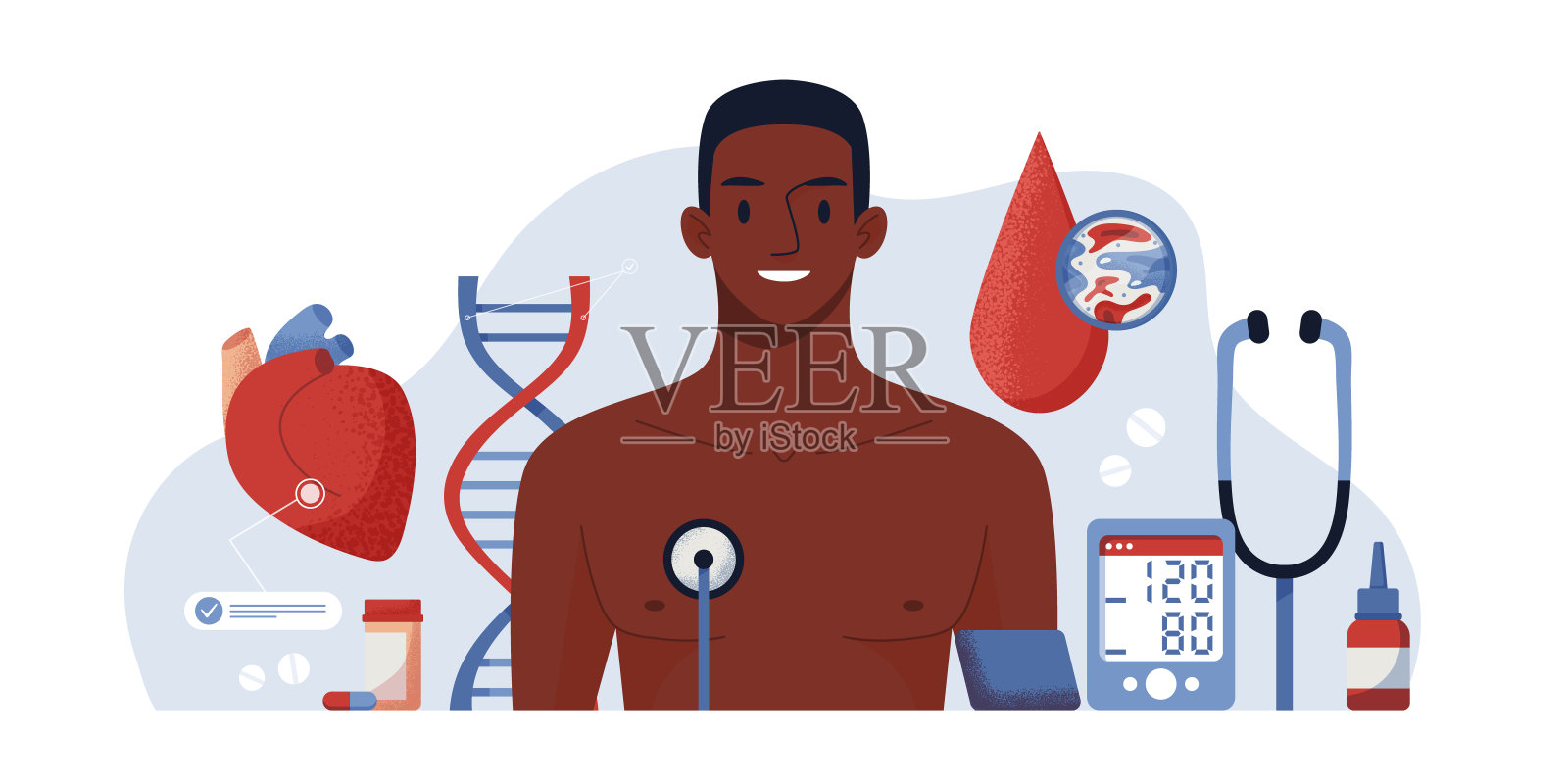 病人健康检查平面矢量概念数字插图。人类心血管疾病、血压、心脏解剖的医学诊断。医疗帮助的应用程序和网络服务插画图片素材