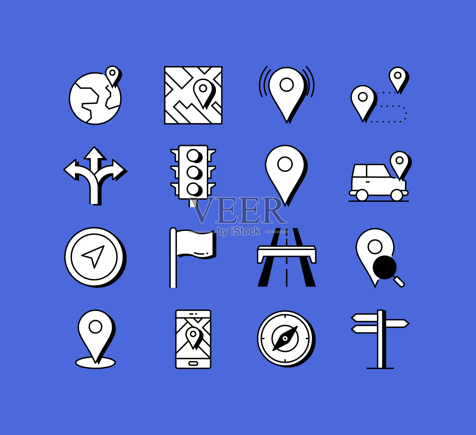 导航和地图相关图标向量集合。现代风格符号向量插图插画图片素材