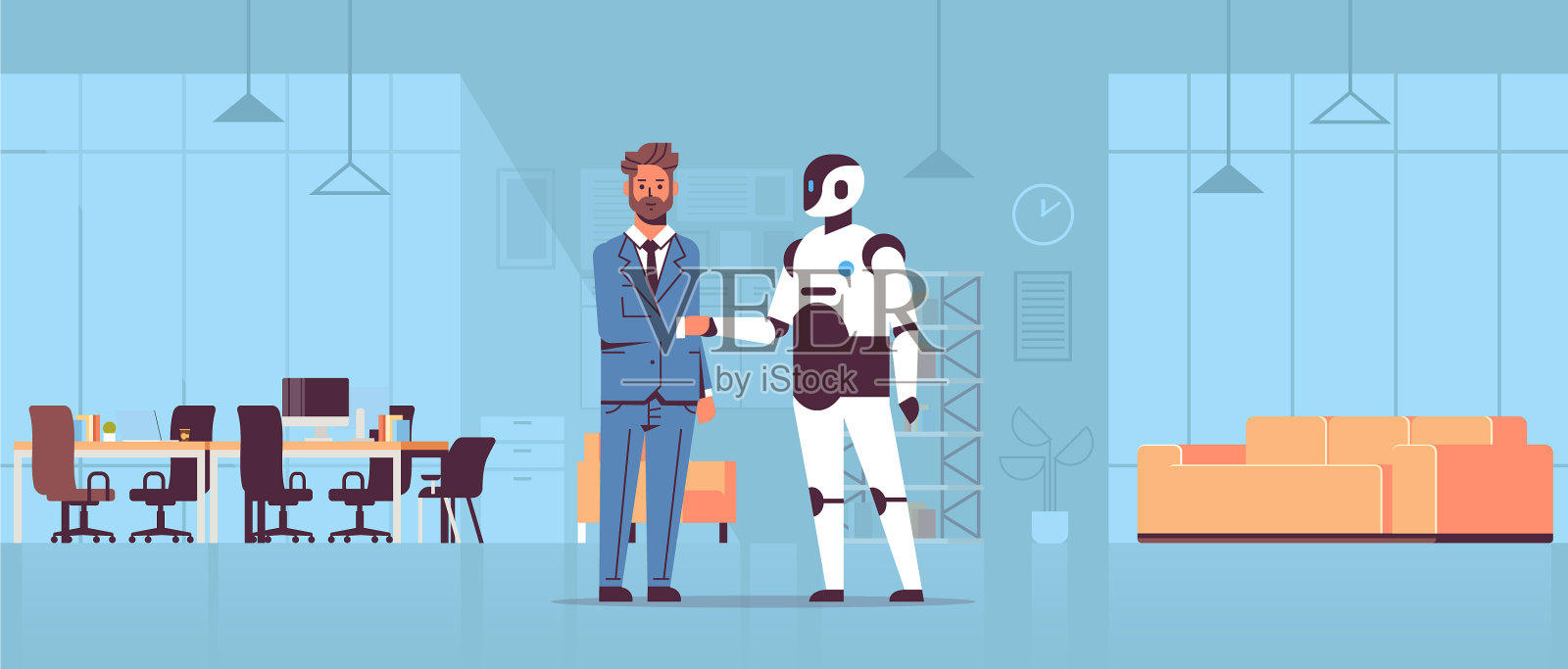 商人和机器人在会议中握手插画图片素材