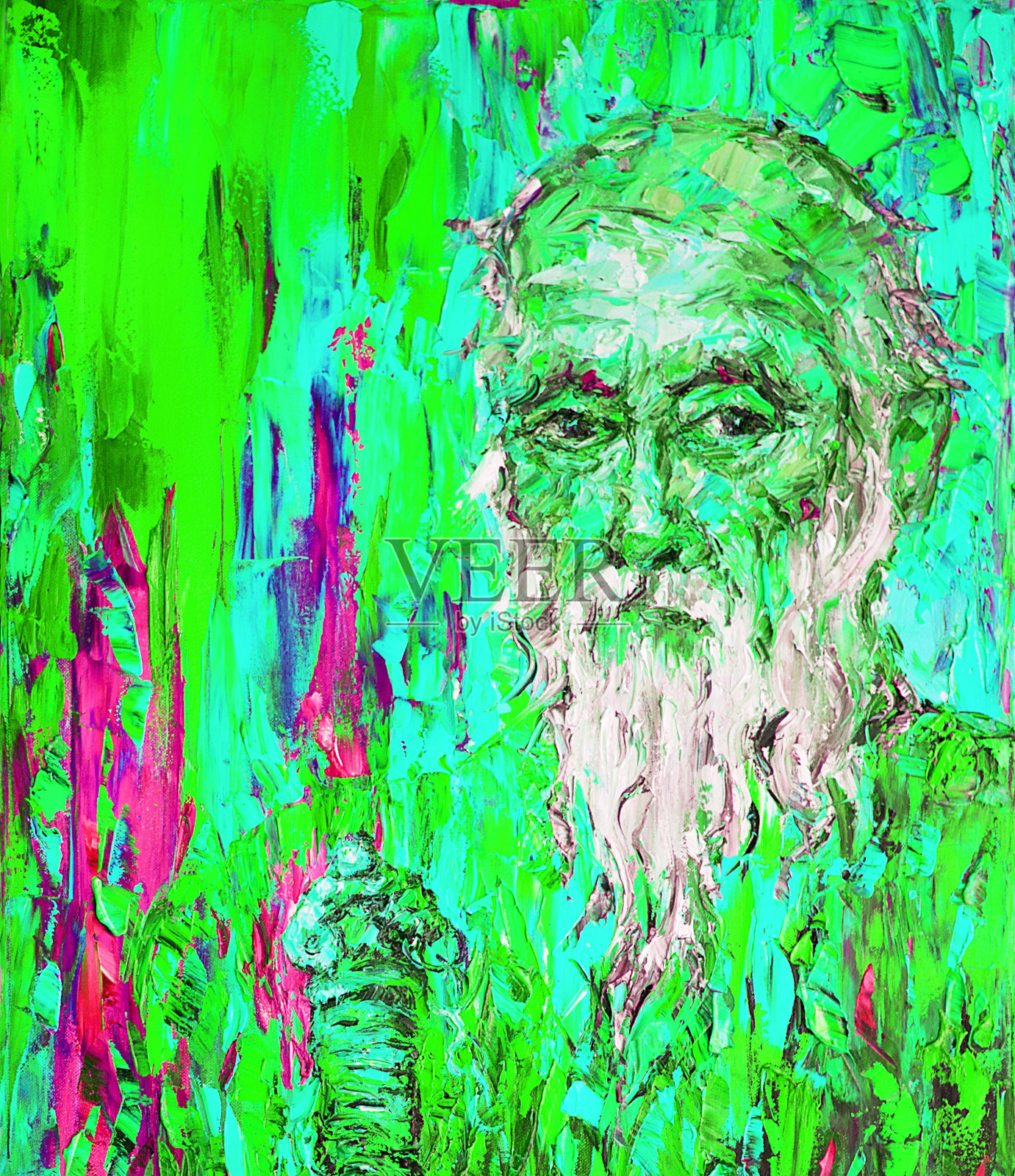插图艺术油画老年男子肖像与胡子在绿色背景插画图片素材