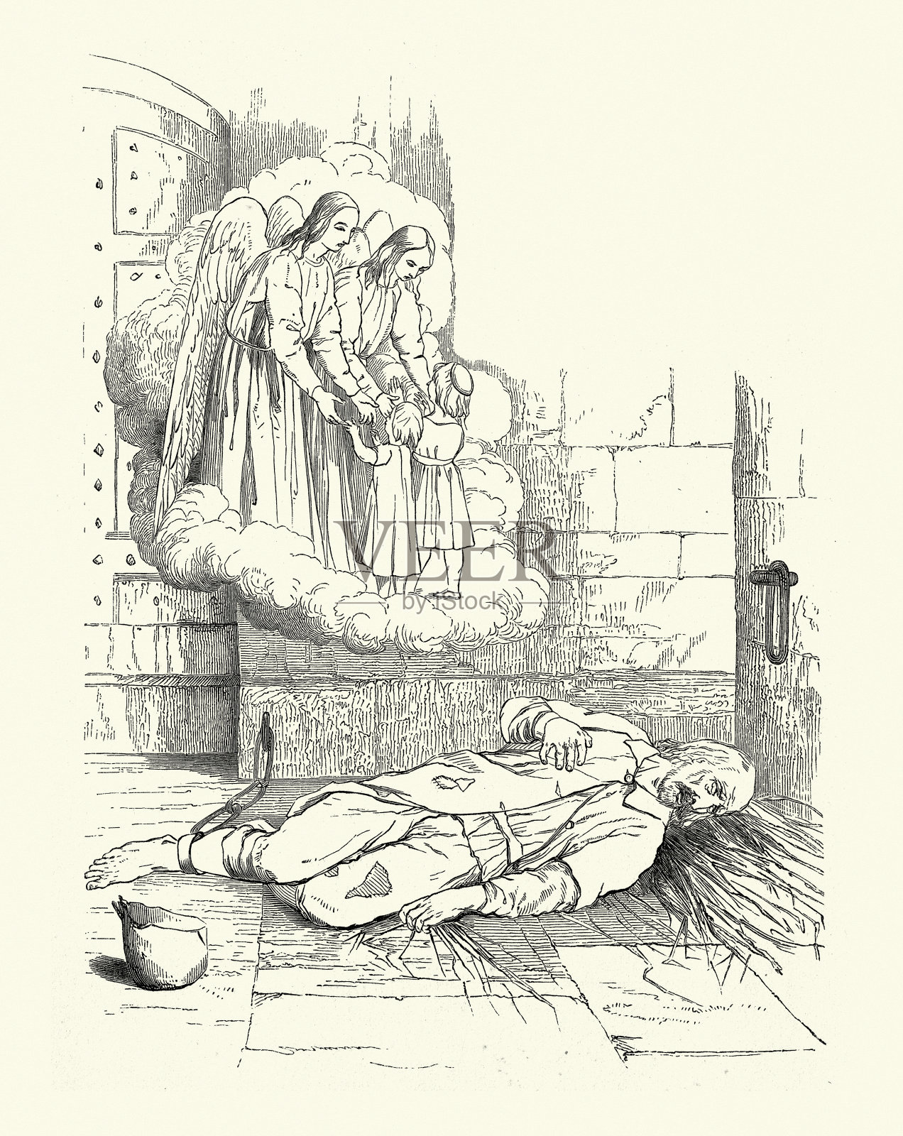 欢迎孩子进入天堂，邪恶的叔叔死在监狱，森林里的婴儿，英国民间传说插画图片素材