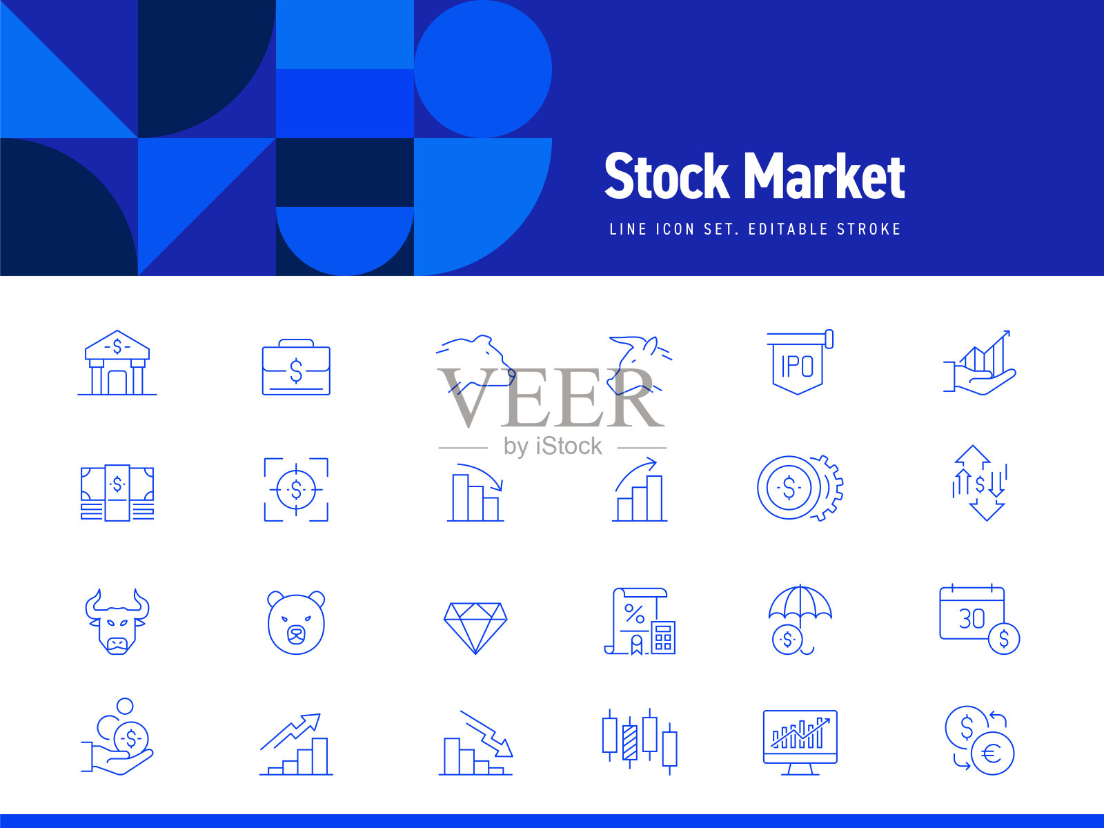 股票市场相关线图标的设置。可编辑的中风。简单的轮廓图标。插画图片素材