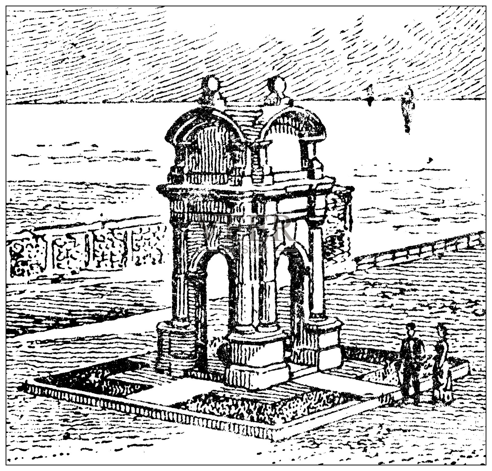 美国，马萨诸塞州地标和公司的古董插图:普利茅斯，普利茅斯岩石上的纪念碑插画图片素材