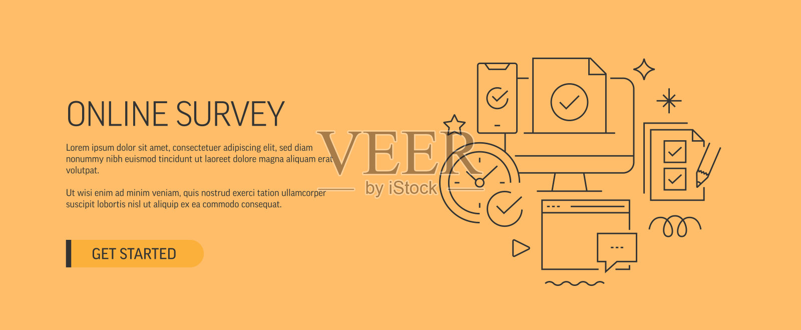 在线调查相关网站横幅线风格。现代设计矢量插图的网页旗帜，网站标题等股票插图插画图片素材