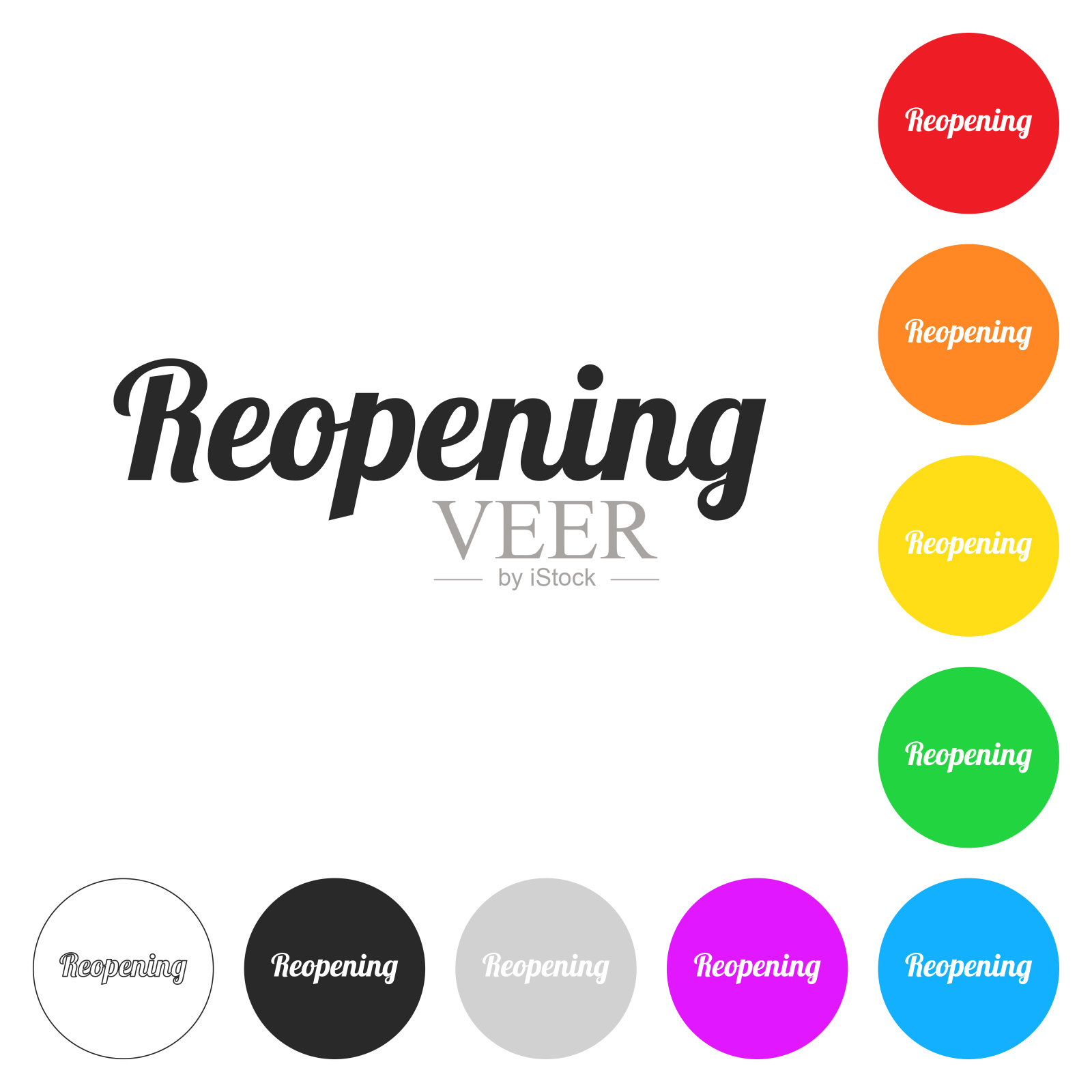 重新开放。按钮上不同颜色的平面图标插画图片素材