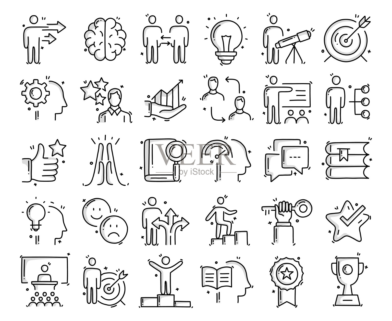 辅导和指导相关的对象和元素。手绘矢量涂鸦插图集。手绘图标集。插画图片素材