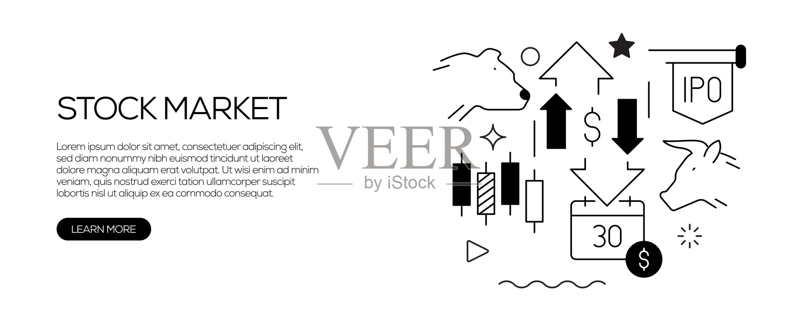 股票市场相关的网页横幅线风格。现代线性设计矢量插图的网页横幅，网站标题等。插画图片素材
