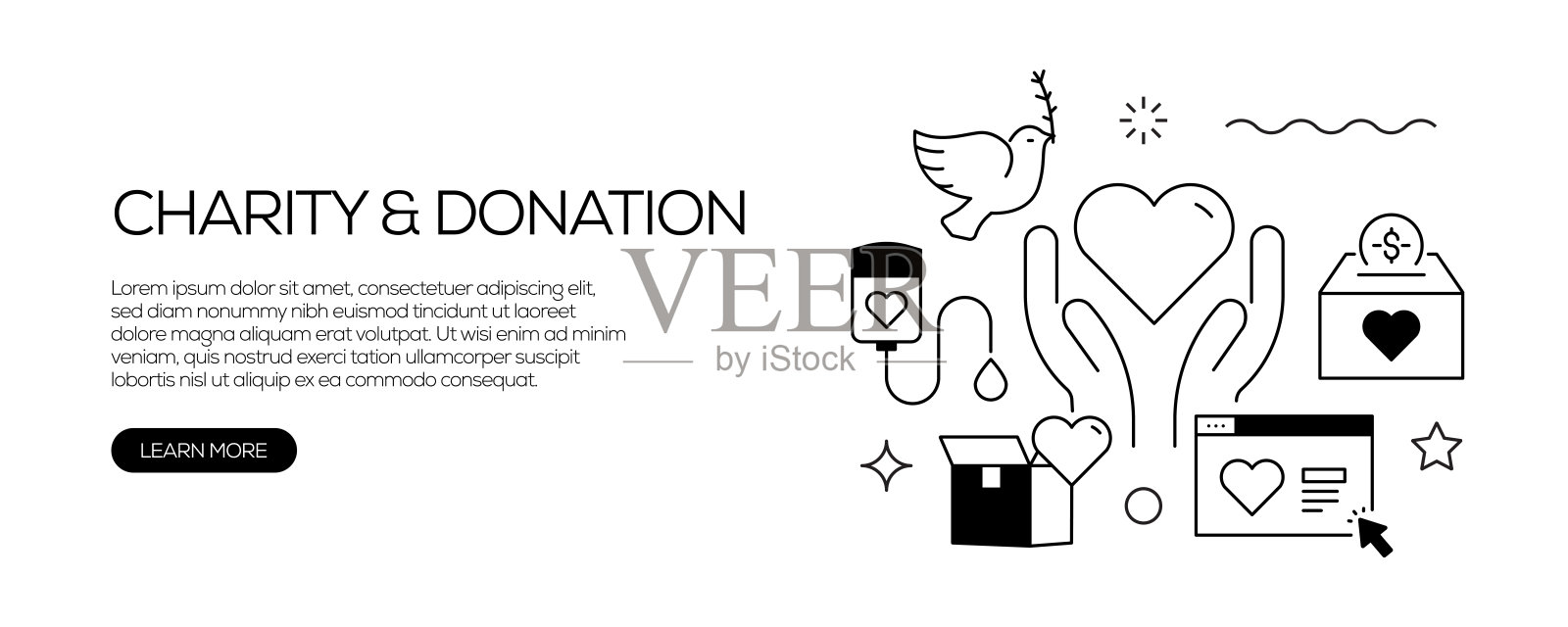 慈善和捐赠相关的网页横幅线条风格。现代设计矢量插图的网页横幅，网站标题等。插画图片素材