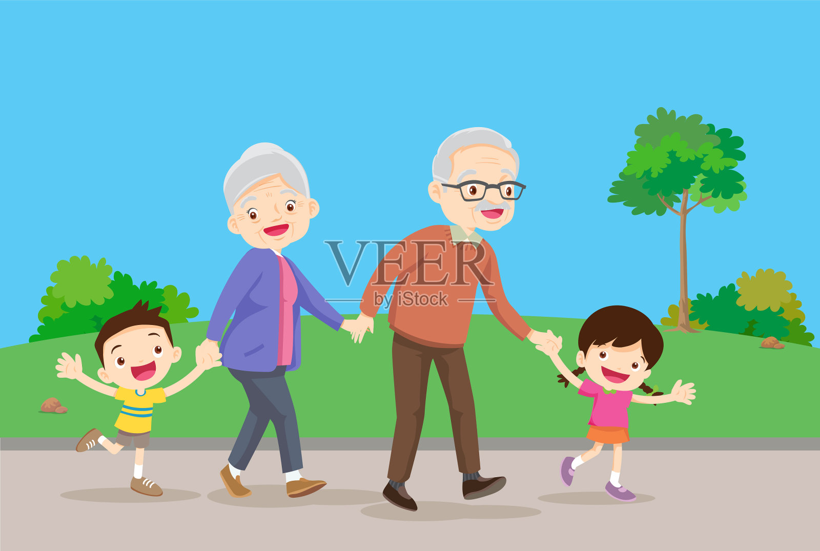 带着孩子的祖父母在公园散步插画图片素材
