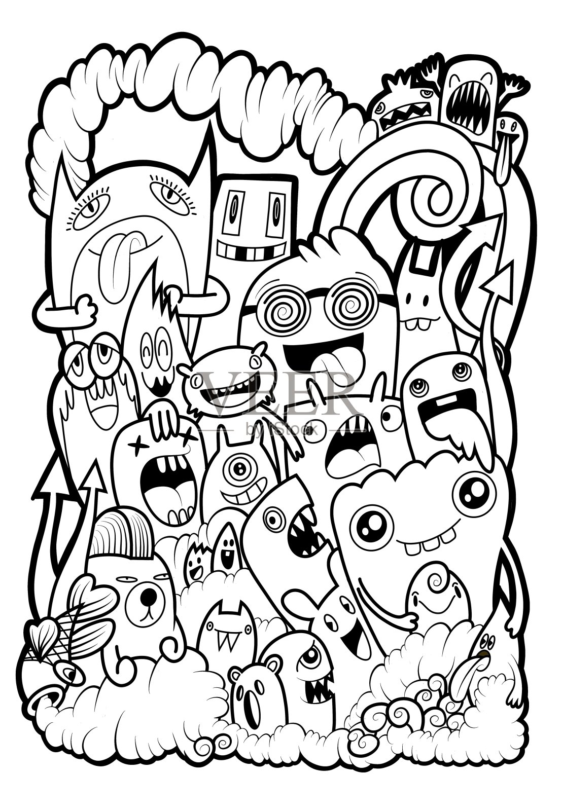 手绘插图，怪物涂鸦，手绘卡通怪物插图，卡通人群涂鸦手绘涂鸦风格。黑白条纹着色插画图片素材