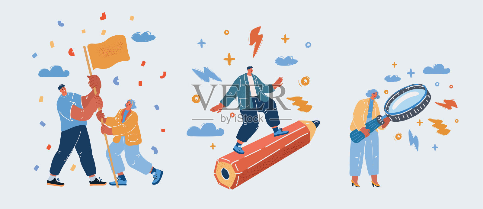 矢量插图的教育成功与毕业生。举旗，骑在大铅笔上，用放大镜搜索。创意、研究和成功理念插画图片素材