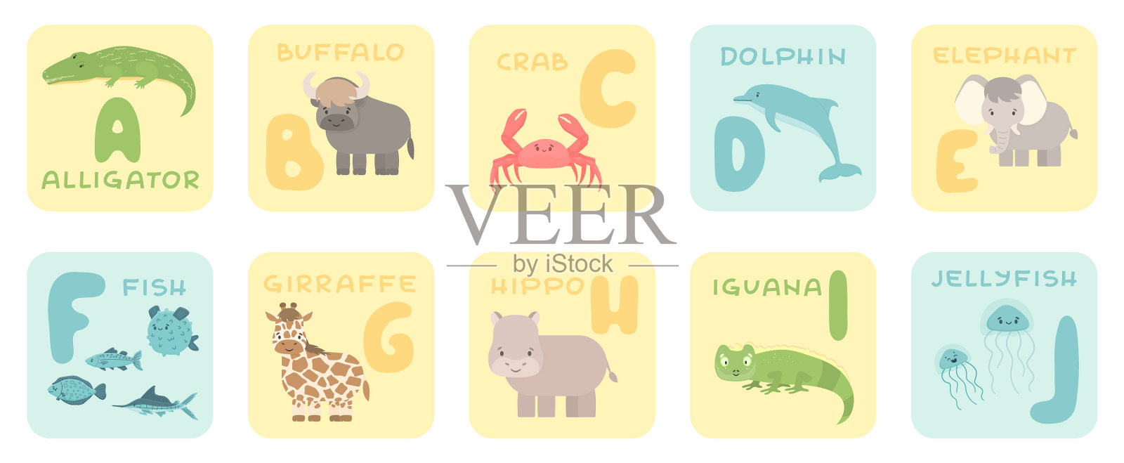 可爱的a-j字母卡片和卡通雨林插画图片素材