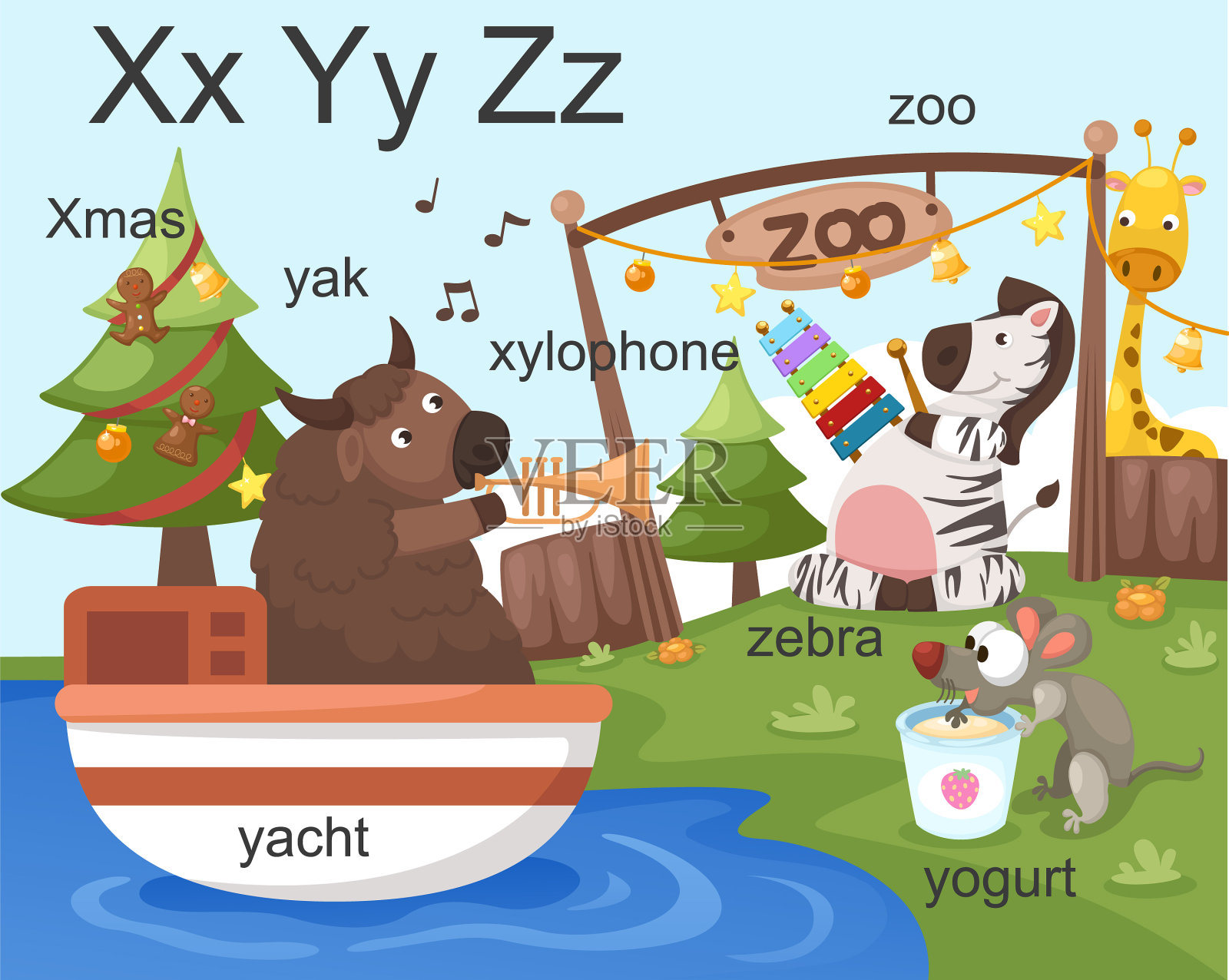 字母x-y-z字母圣诞节木琴牦牛游艇插画图片素材