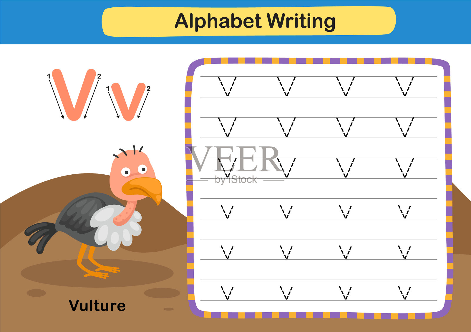 字母练习v-vulture与卡通插画图片素材