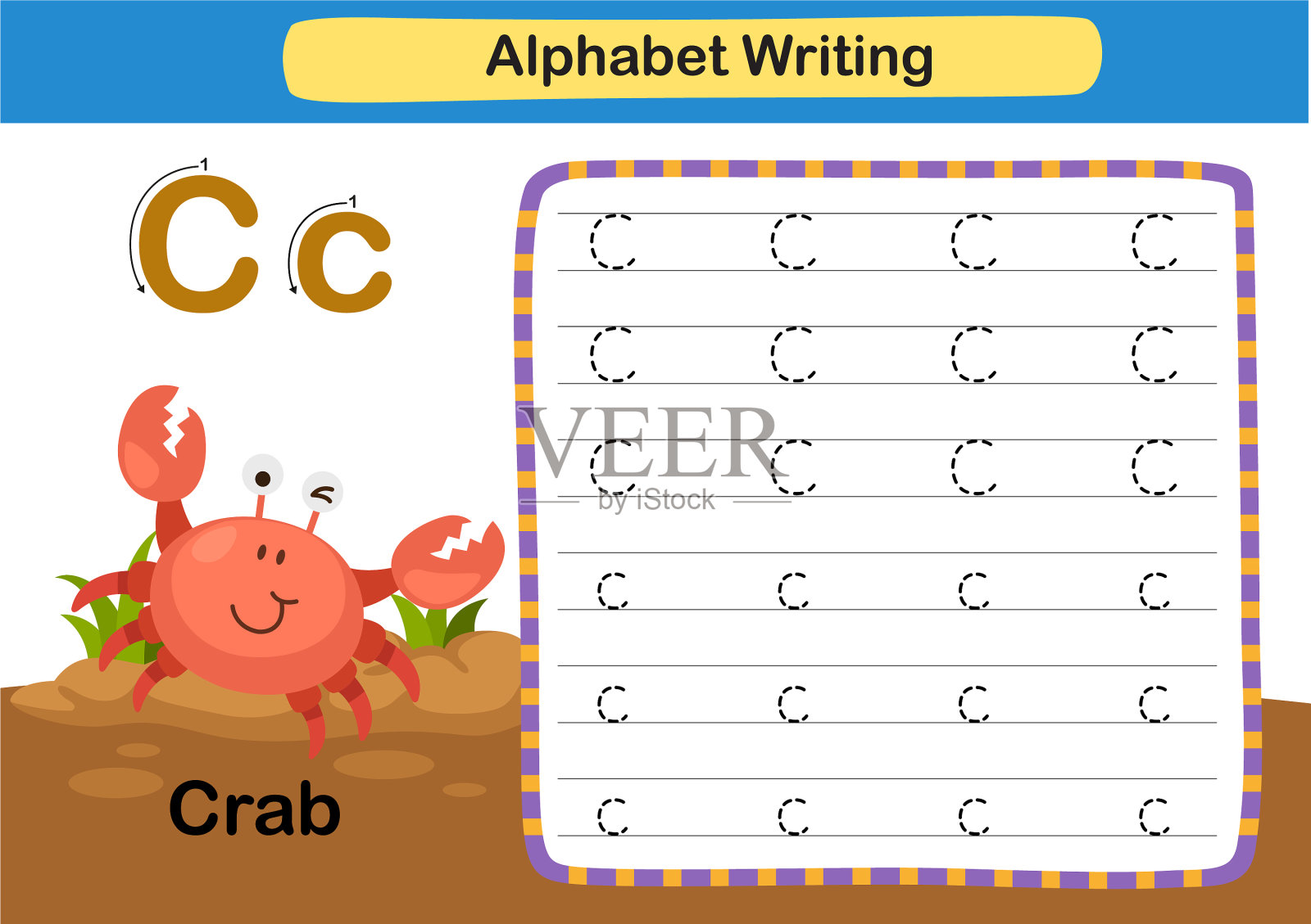 字母练习c-crab与卡通插画图片素材