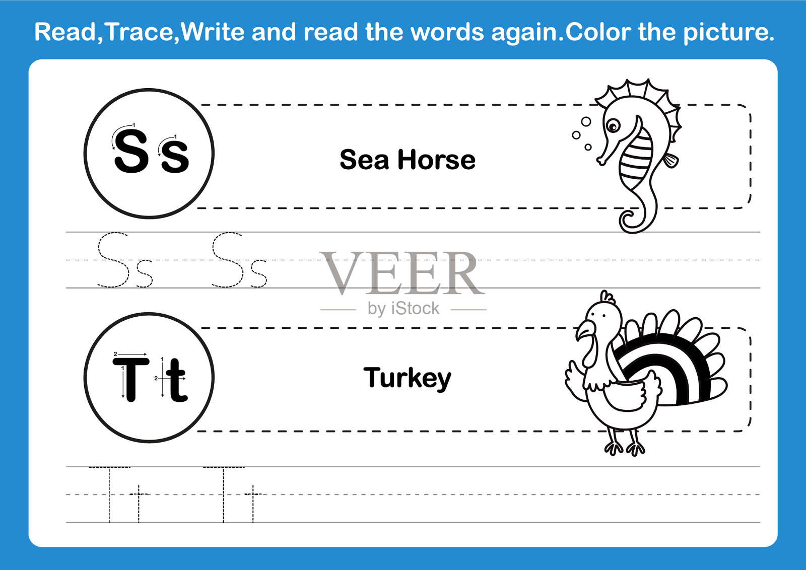 字母s-t练习与卡通词汇插画图片素材