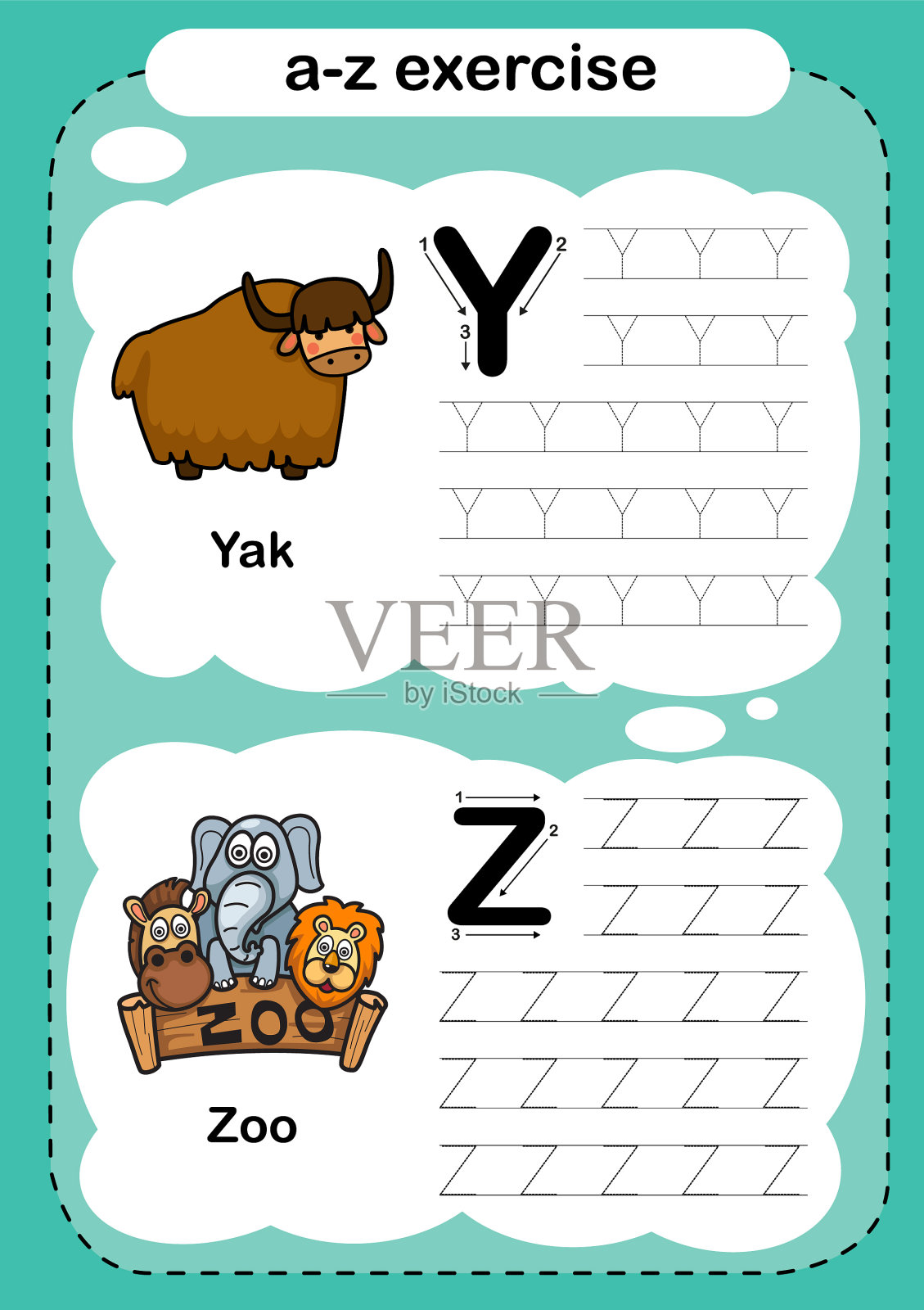 字母y - z与卡通练习插画图片素材