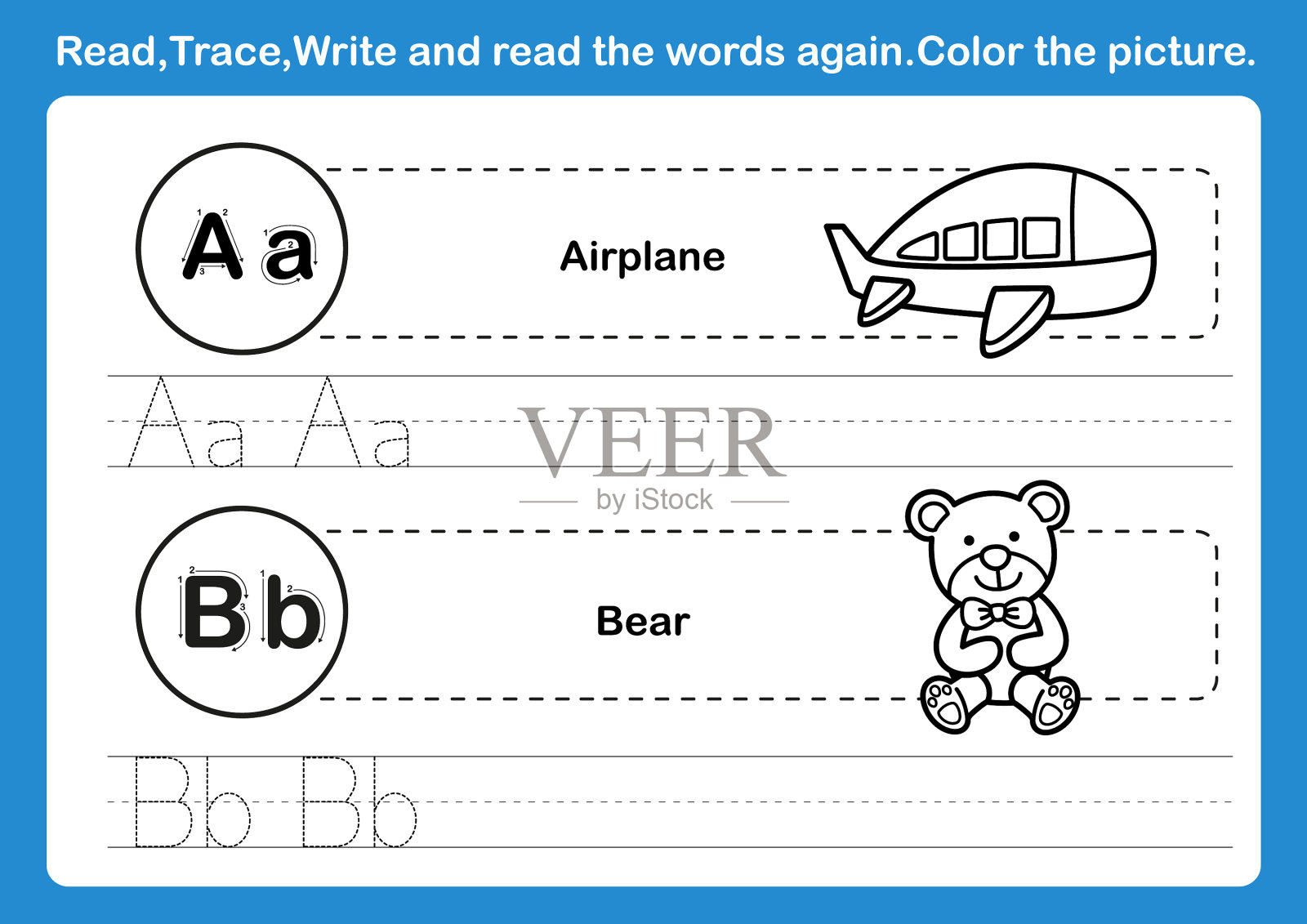 字母a-b练习与卡通词汇插画图片素材