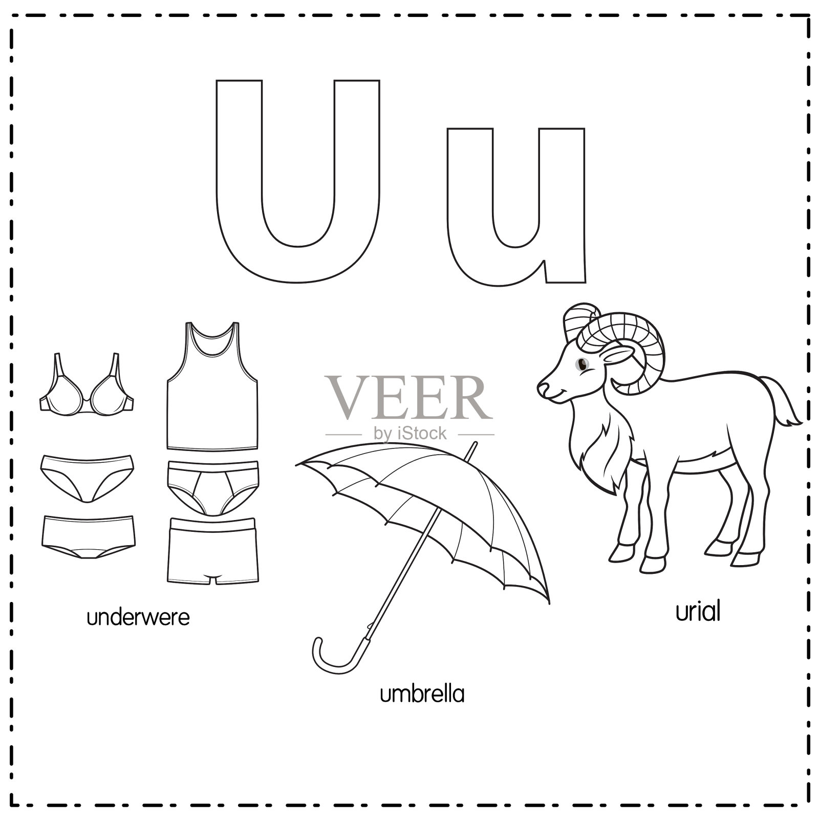 向量插图学习字母U的小写和大写的儿童与3卡通图像。东方盘羊Underwere把伞。插画图片素材