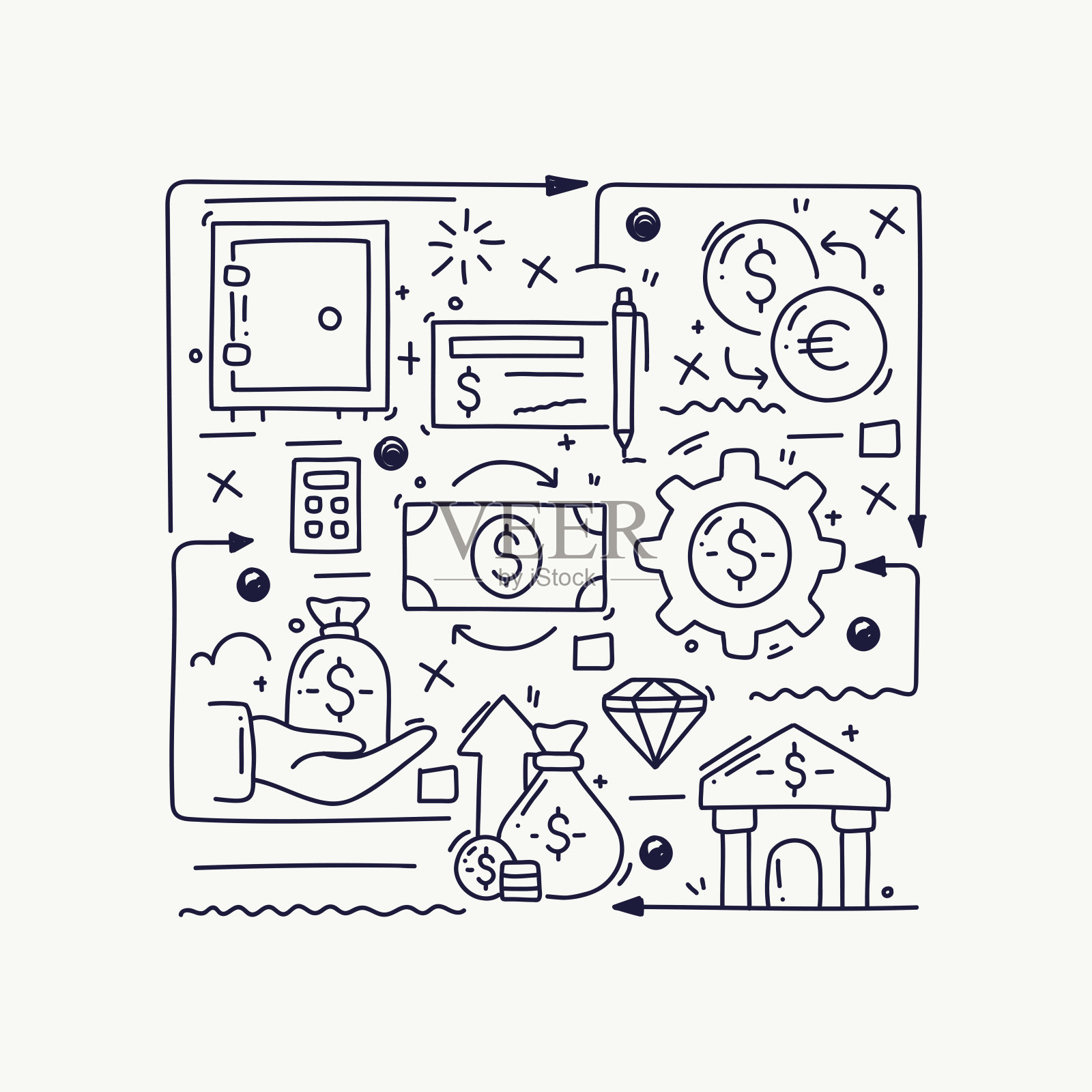 银行和货币相关的涂鸦插图。手绘符号，涂鸦素描矢量插画图片素材