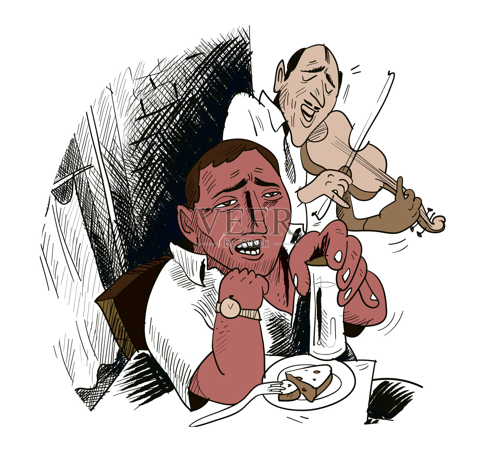 在小酒馆喝酒的人旁边是一位小提琴手插画图片素材