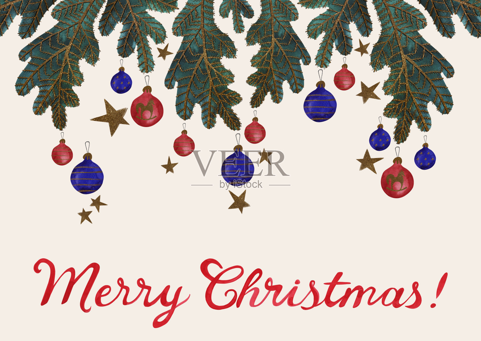 装饰圣诞树的水彩明信片。圣诞贺卡。孩子们的玩具。圣诞礼物。栅格插图包装，贺卡，礼品插画图片素材