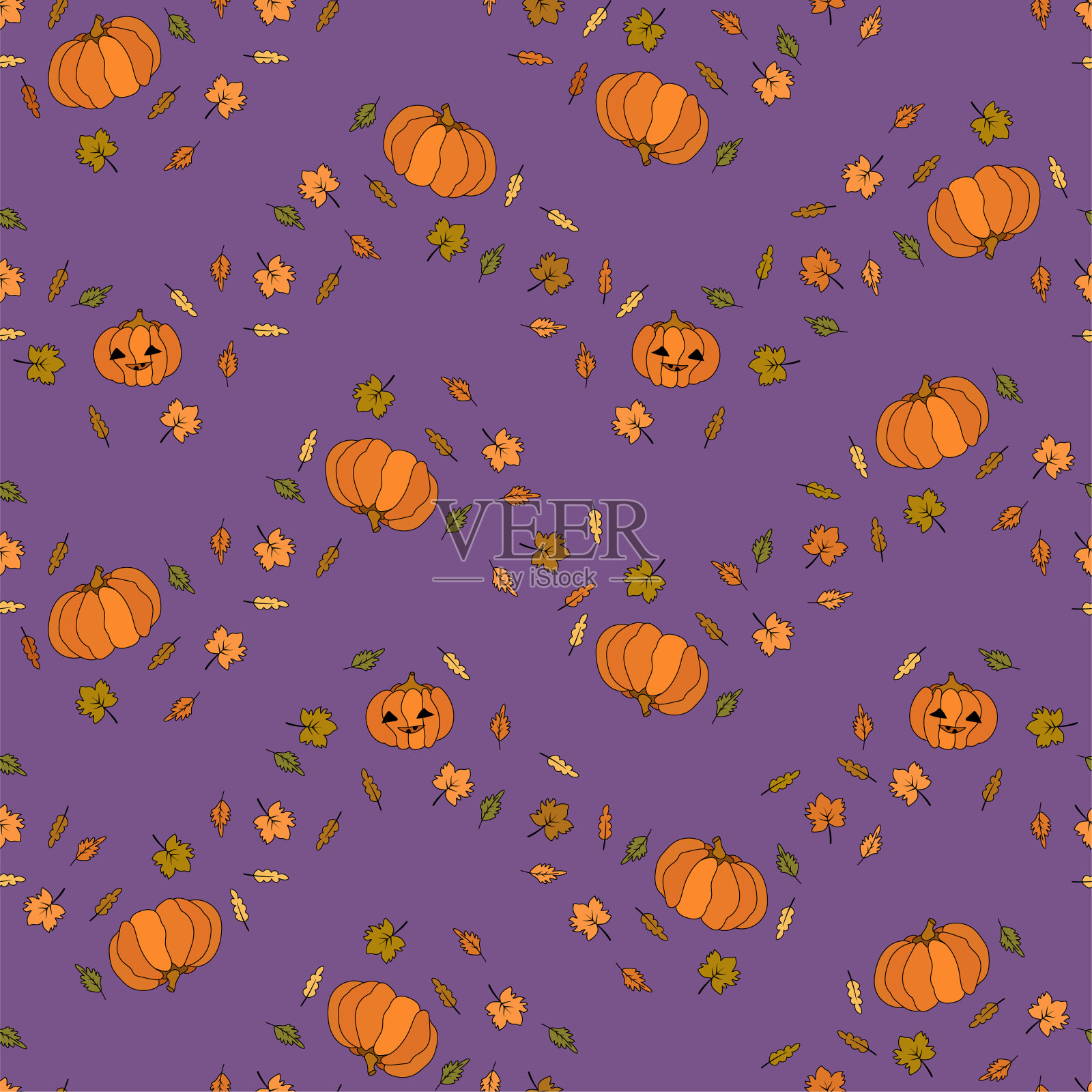 彩色无缝图案手绘涂鸦万圣节南瓜和秋叶插画图片素材