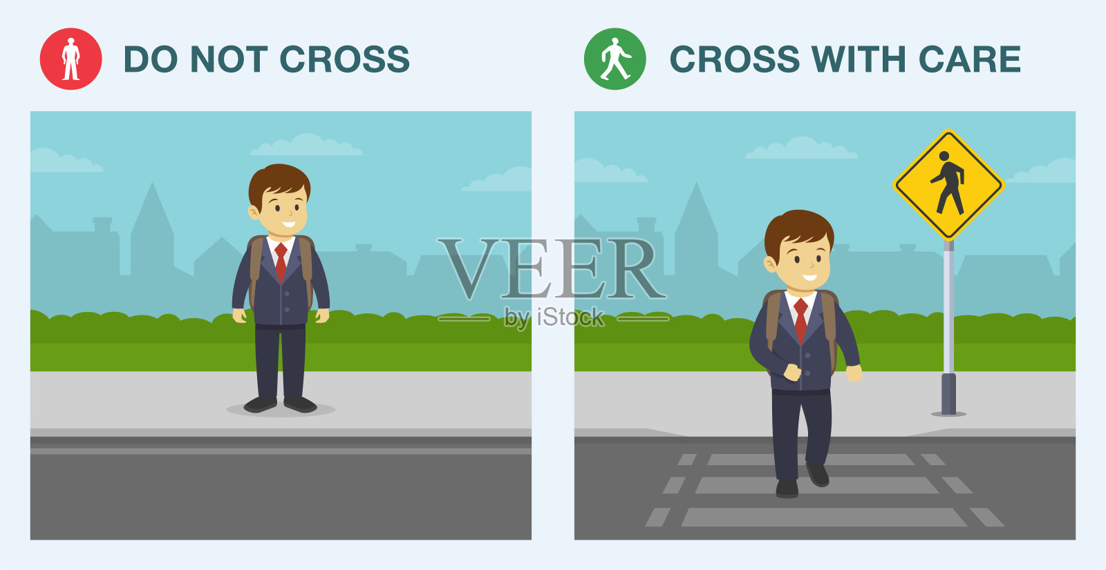 行人安全规则。只在指定的人行横道过马路。小学生在斑马线上过马路。危险而安全的渡口。插画图片素材