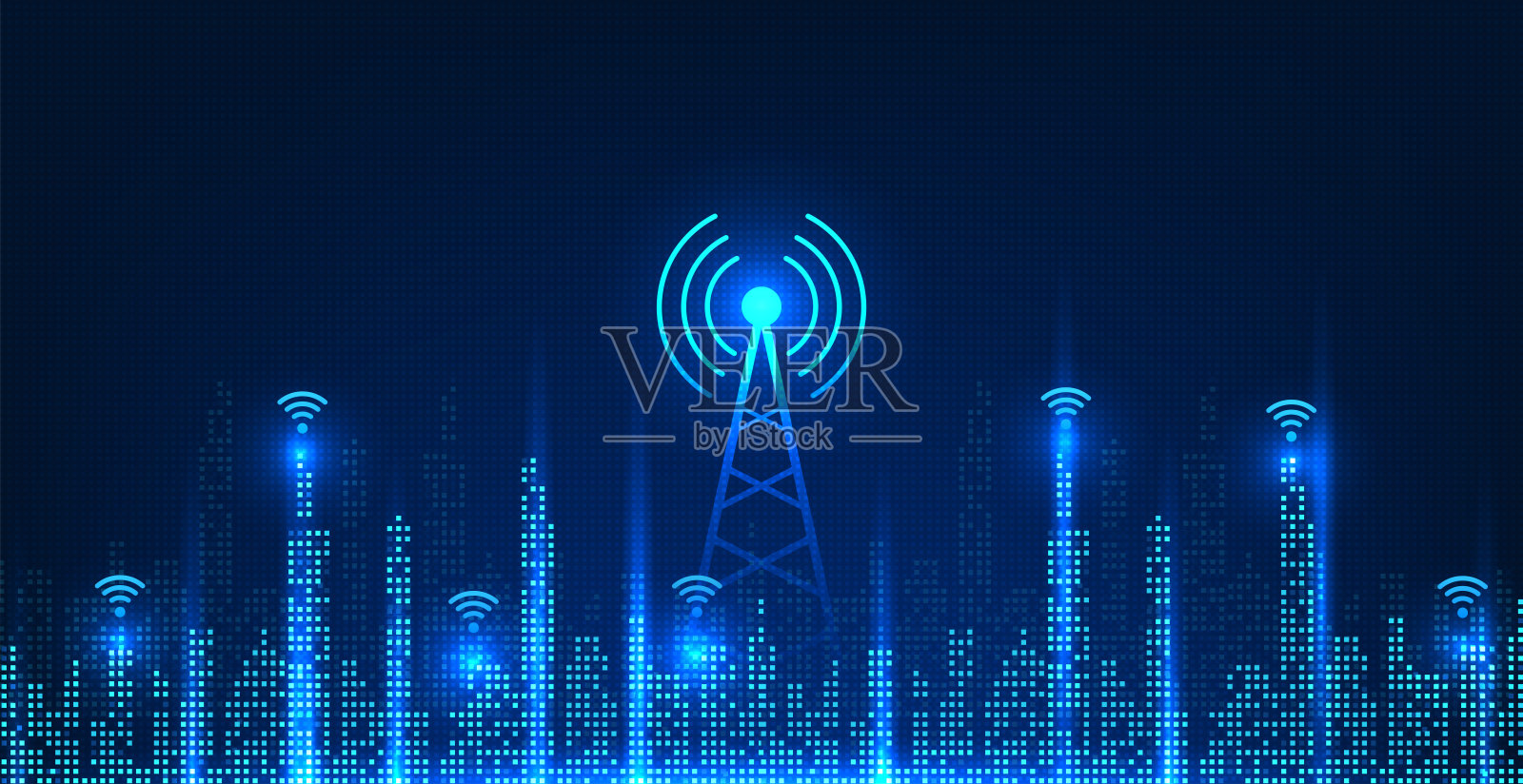 位于智慧城市的蜂窝技术是像素化的。智慧城市概念用信号塔为城市中的人们获取信息。商务沟通顺畅。插画图片素材