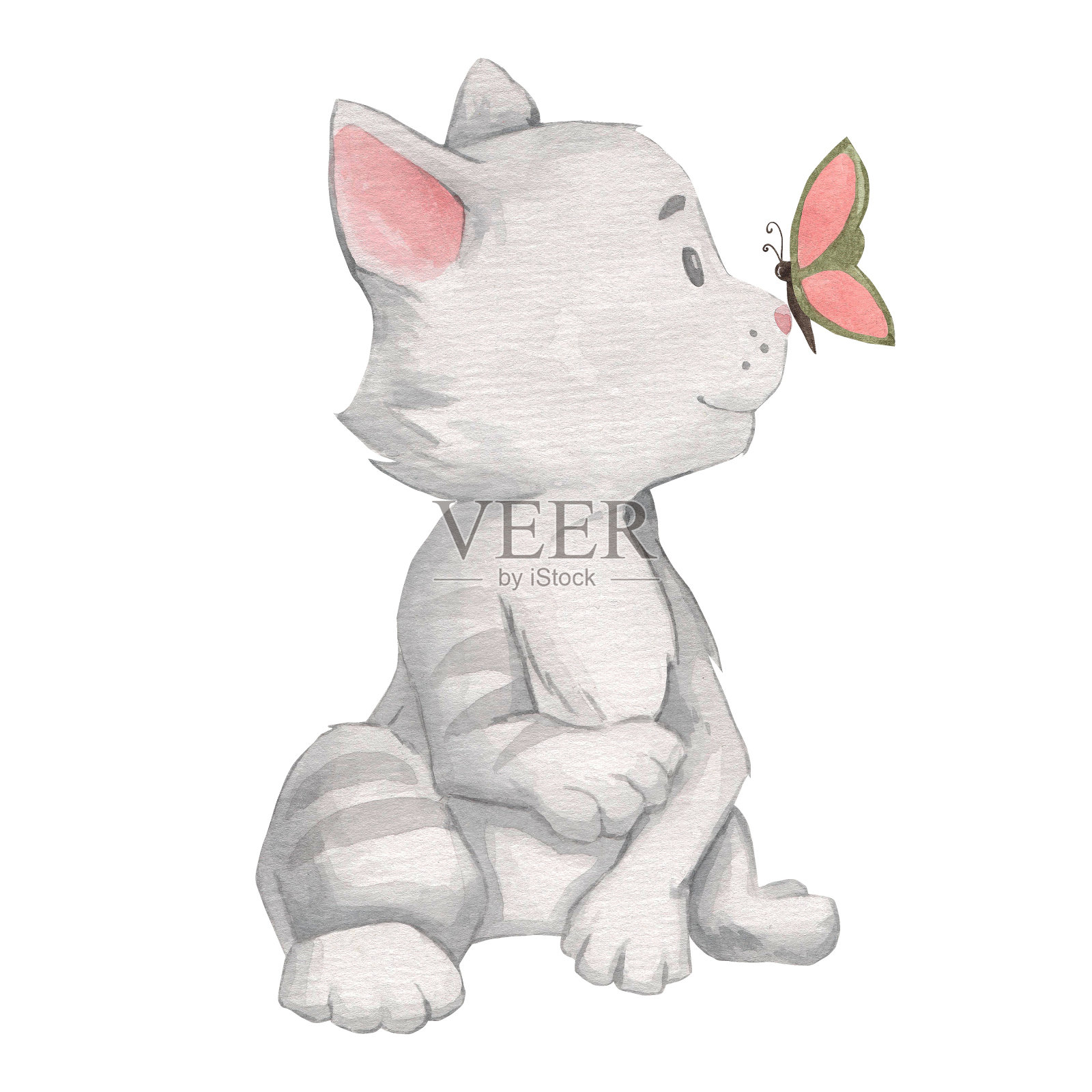 水彩画可爱的猫在白色的背景。可爱的宠物，爱的宠物。剪贴画设计的婴儿海报，贴纸，织物，托儿所室装饰，包装纸，邀请卡插画图片素材