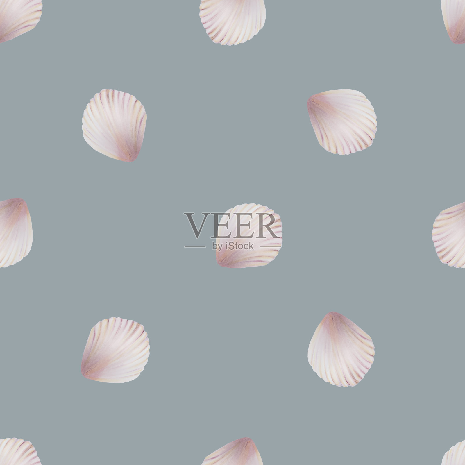 水彩无缝图案与壳。手绘剪纸水下生活对象在一个白色孤立的背景。适合设计师，装饰，明信片，包装纸，剪贴簿，封面，请柬，婚礼设计，海报和纺织品插画图片素材