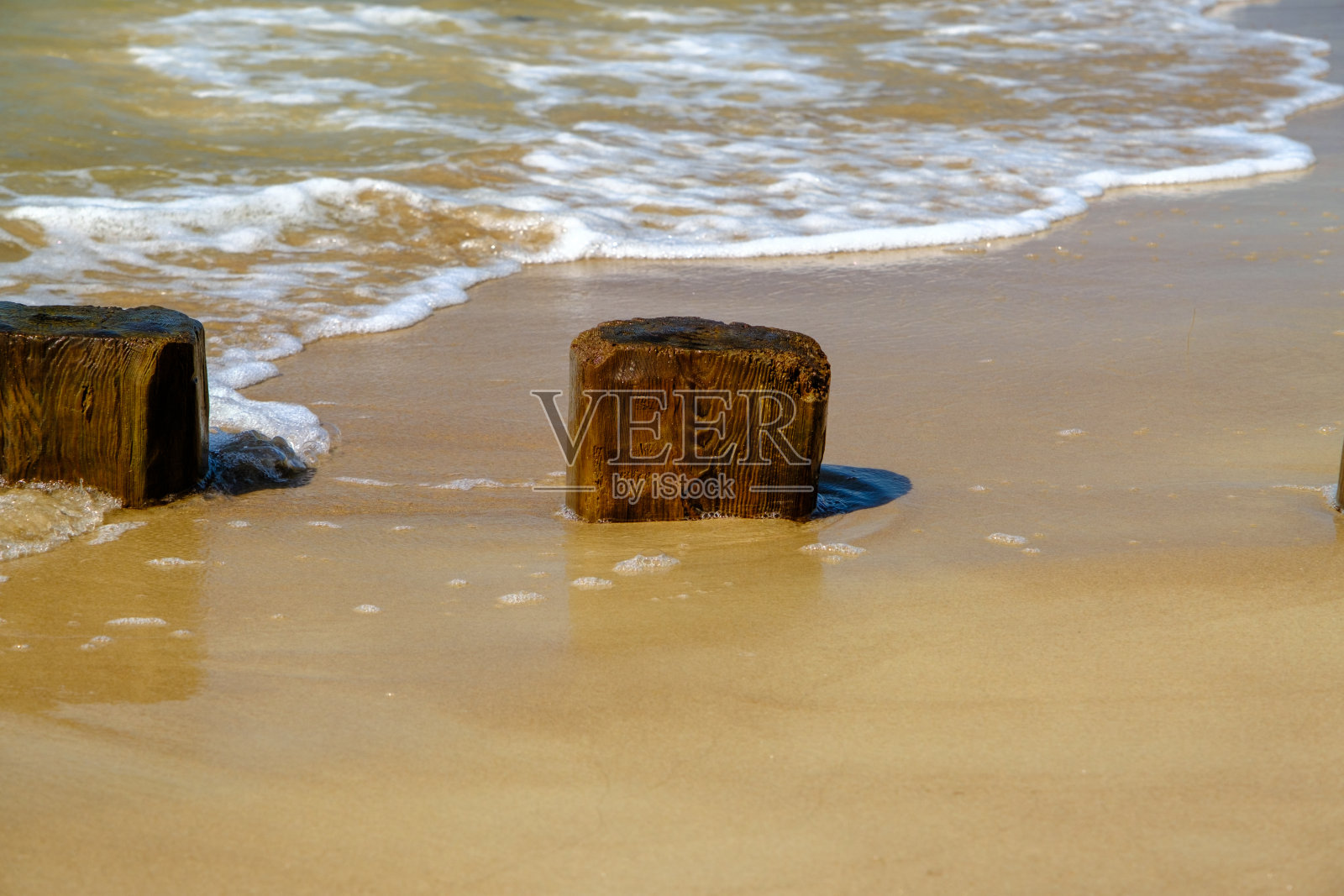 晴天的木制破浪杆，夏天波罗的海沿岸的一排沟槽，有助于减少海浪的力量和海岸侵蚀。拉脱维亚照片摄影图片
