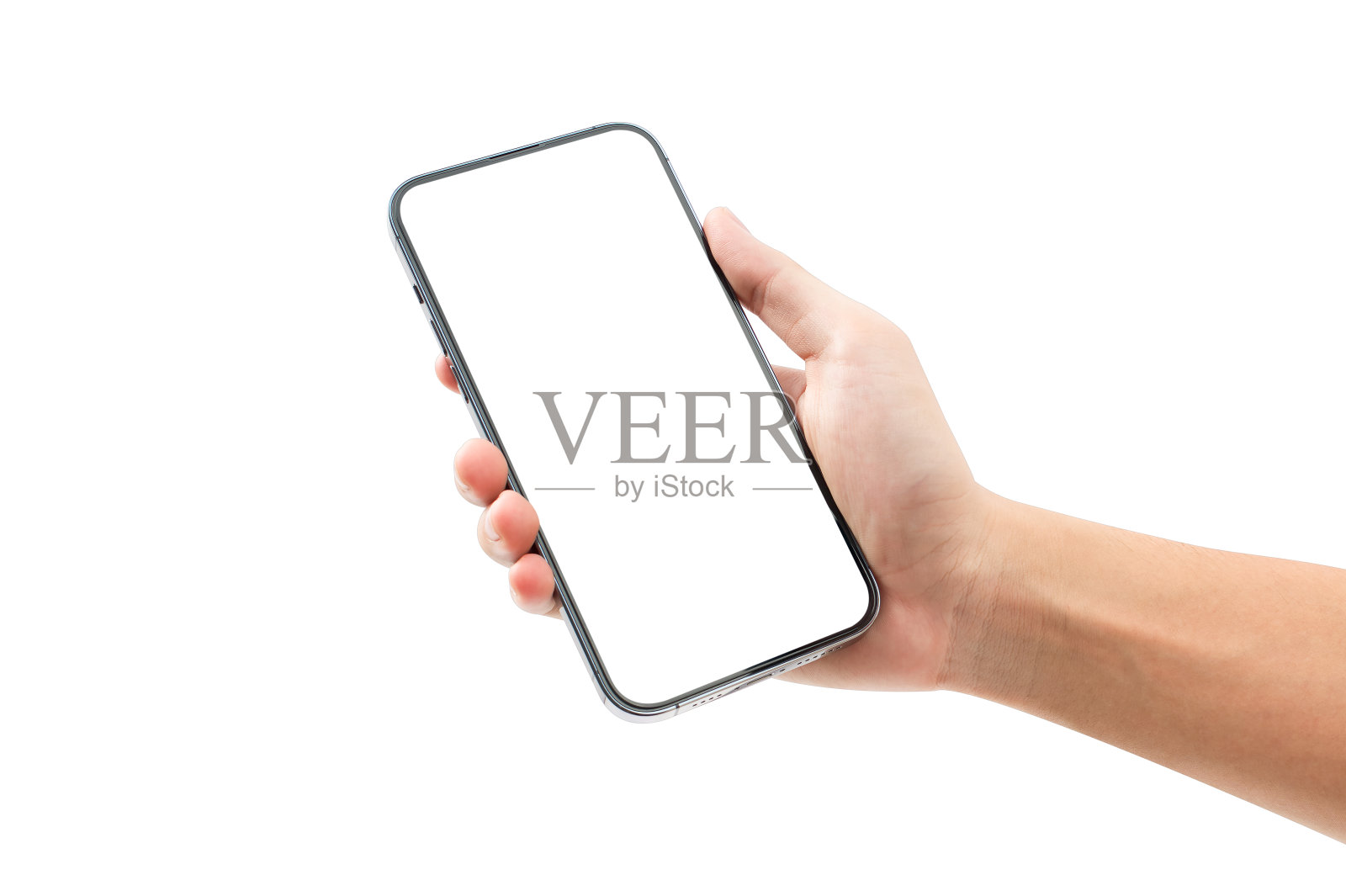 手显示智能手机与空白屏幕隔离在白色背景。照片摄影图片