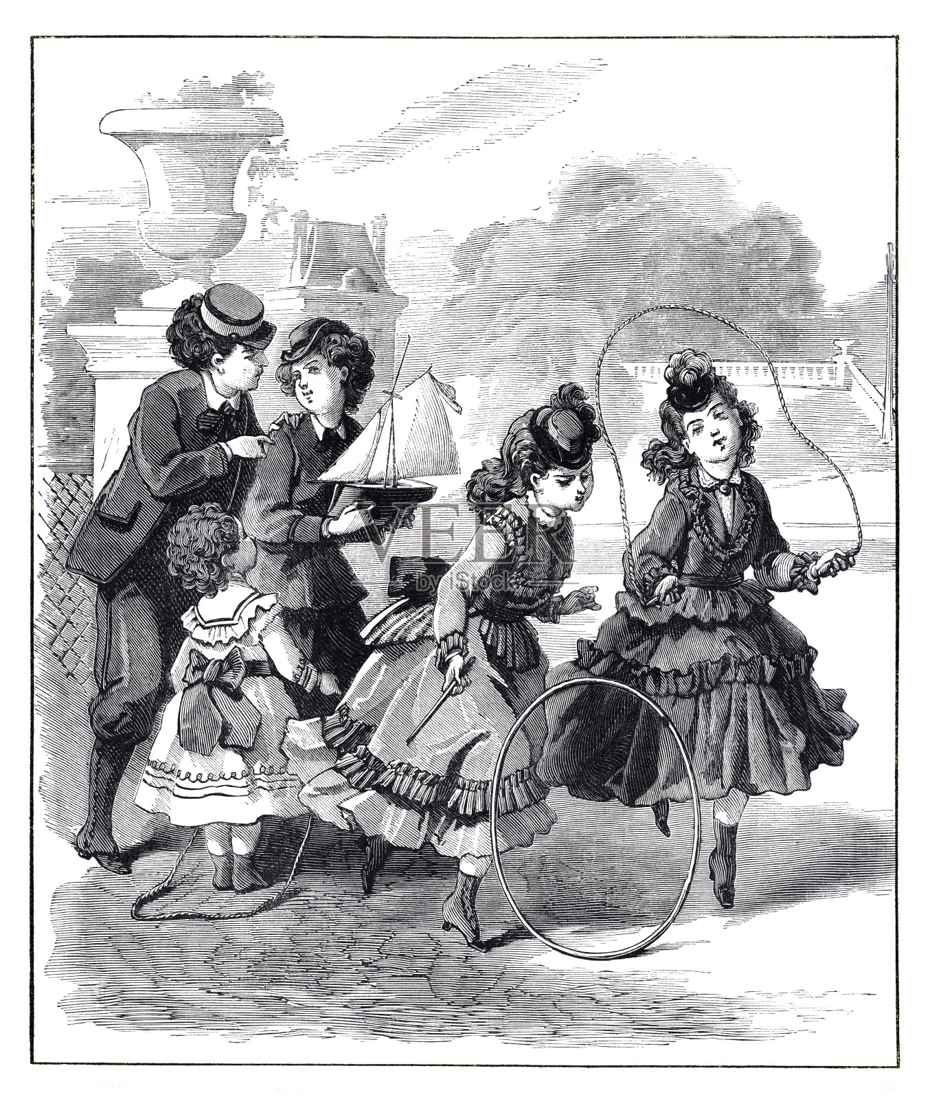 1870年在巴黎玩耍的孩子插画图片素材