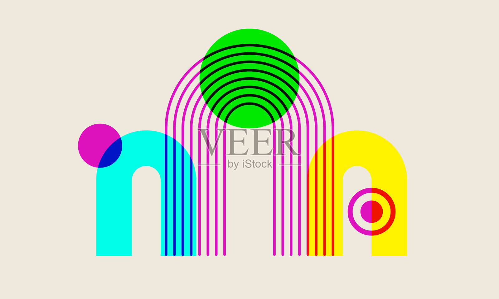 几何抽象图形的美学效果。矢量复古圣诞波西米亚元素与riso打印纹理。本世纪中叶现代双色极简艺术版画。有机自然造型。插画图片素材