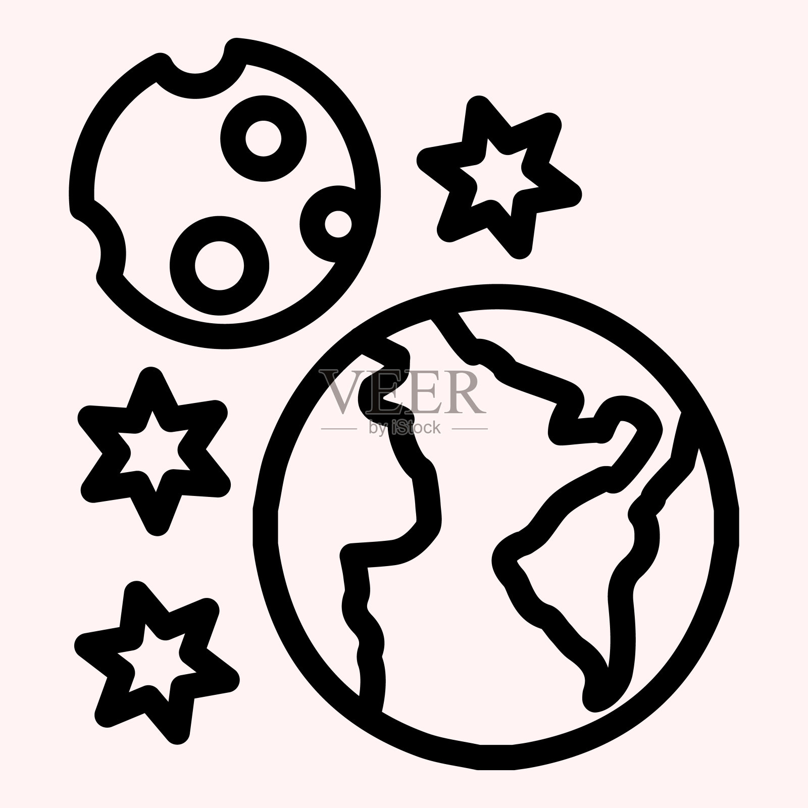 地球和月球线图标。有卫星和恒星环绕的行星。天文矢量设计概念，轮廓风格的象形文字在白色的使用和应用程序。插画图片素材