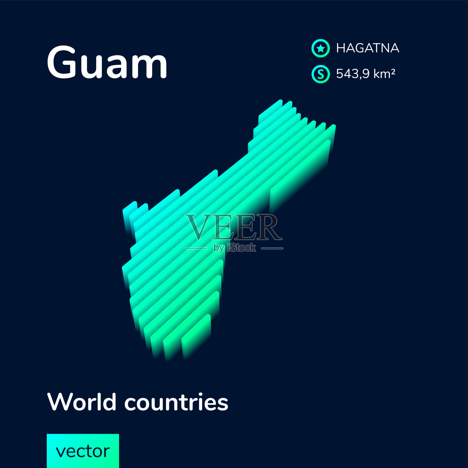 条纹等距霓虹矢量关岛地图在趋势颜色。地理信息图表卡，海报，横幅，模板。插画图片素材