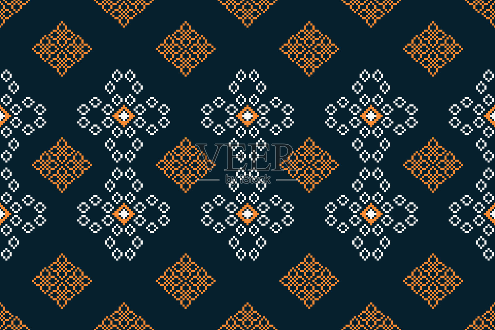 民族几何织物图案十字绣。伊卡特刺绣民族东方像素图案蓝色背景。插画图片素材